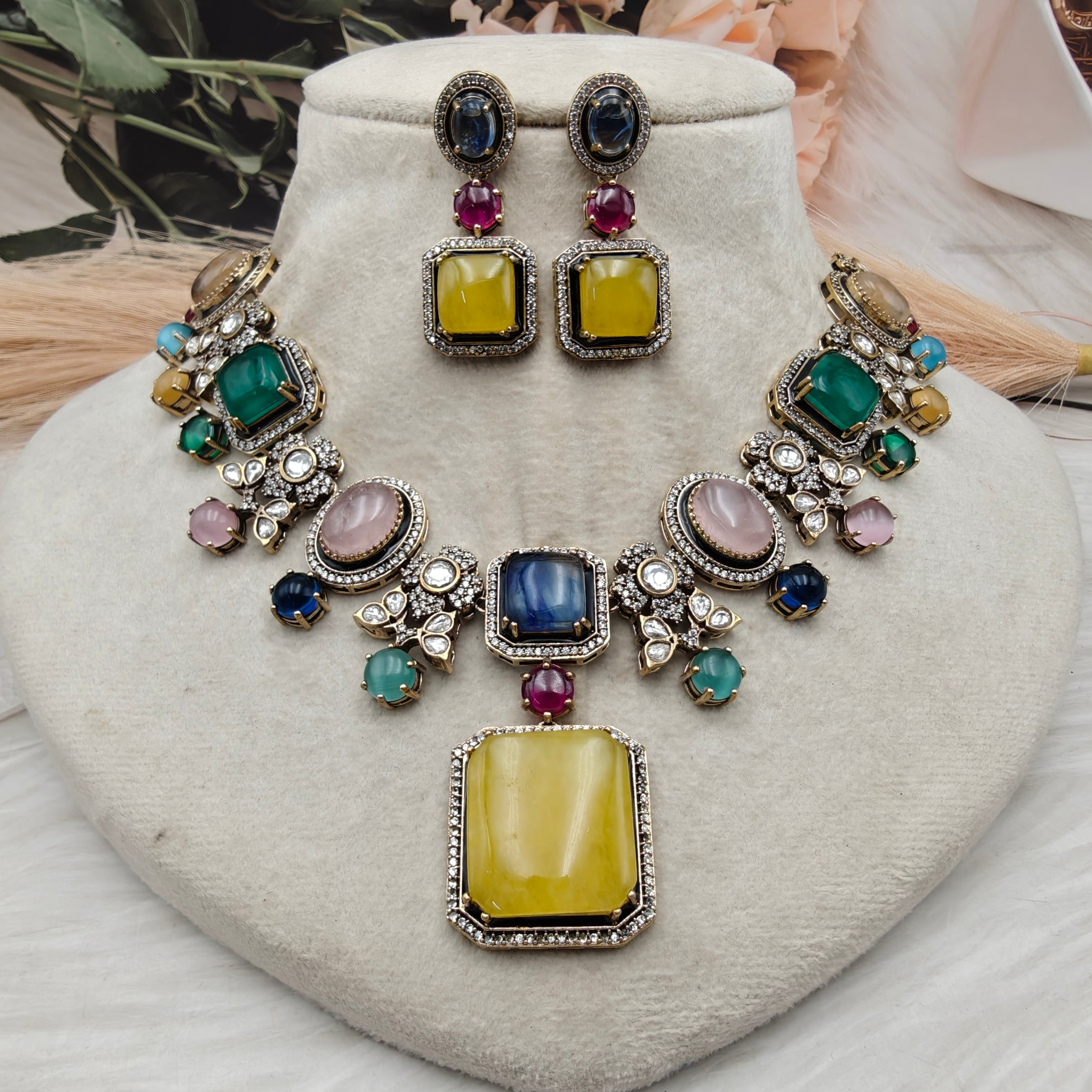 Shagufta Sabyasachi Inspired Statement Necklace Set - Yellow Multi