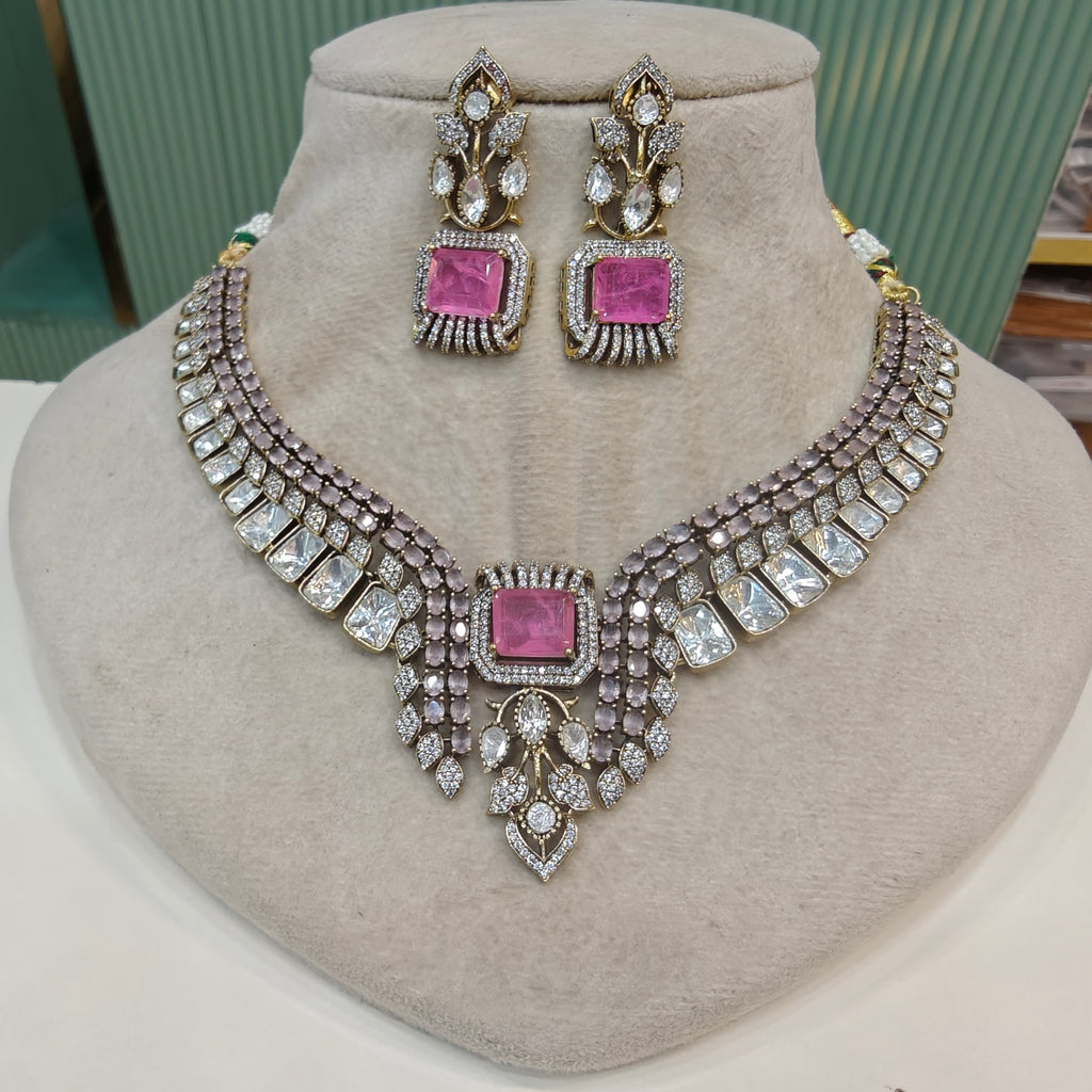 Silky Doublet and Uncut Polki Necklace Set- Pink