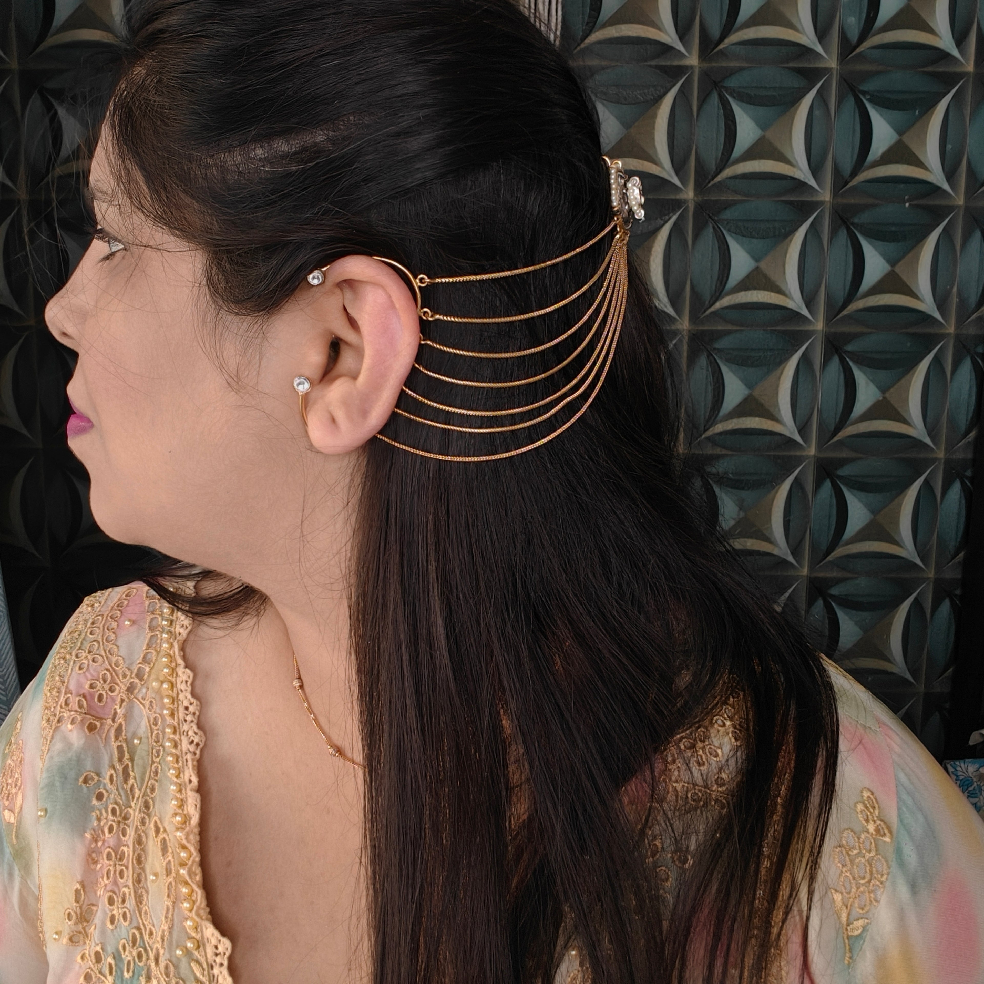 Sitara Earchain with Cuff- Ruby