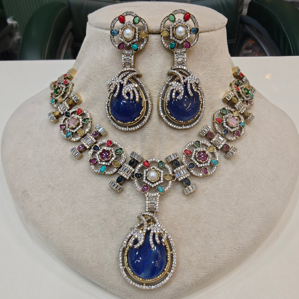 Manvika Sabya Inspired Navratan Necklace Set- Blue