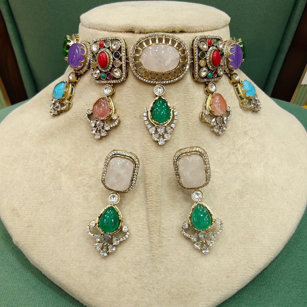 Satakshi Sabya Inspired Choker Necklace Set- Soft Pink Multi