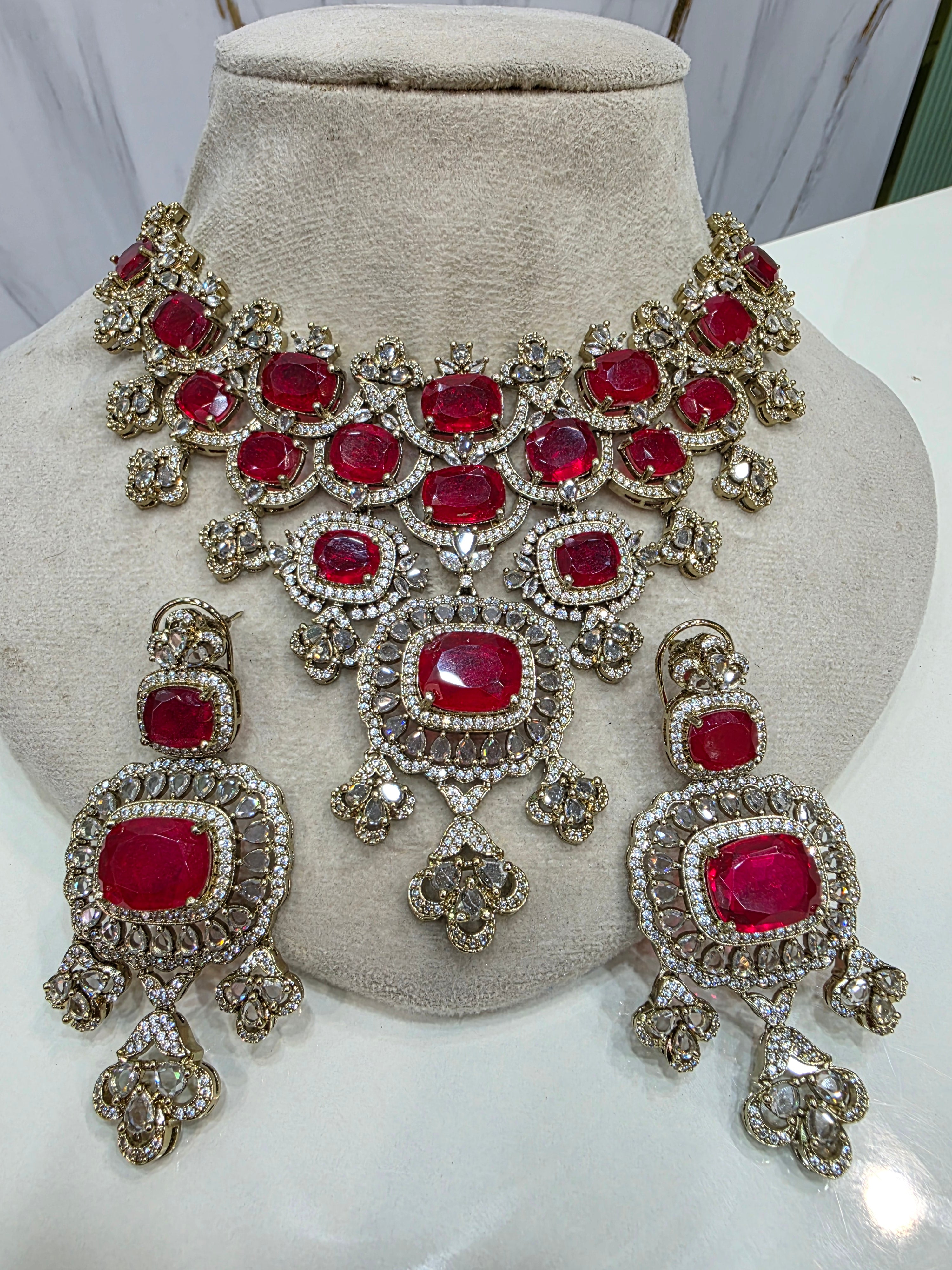Anushka Doublet Polki Necklace Set- Red