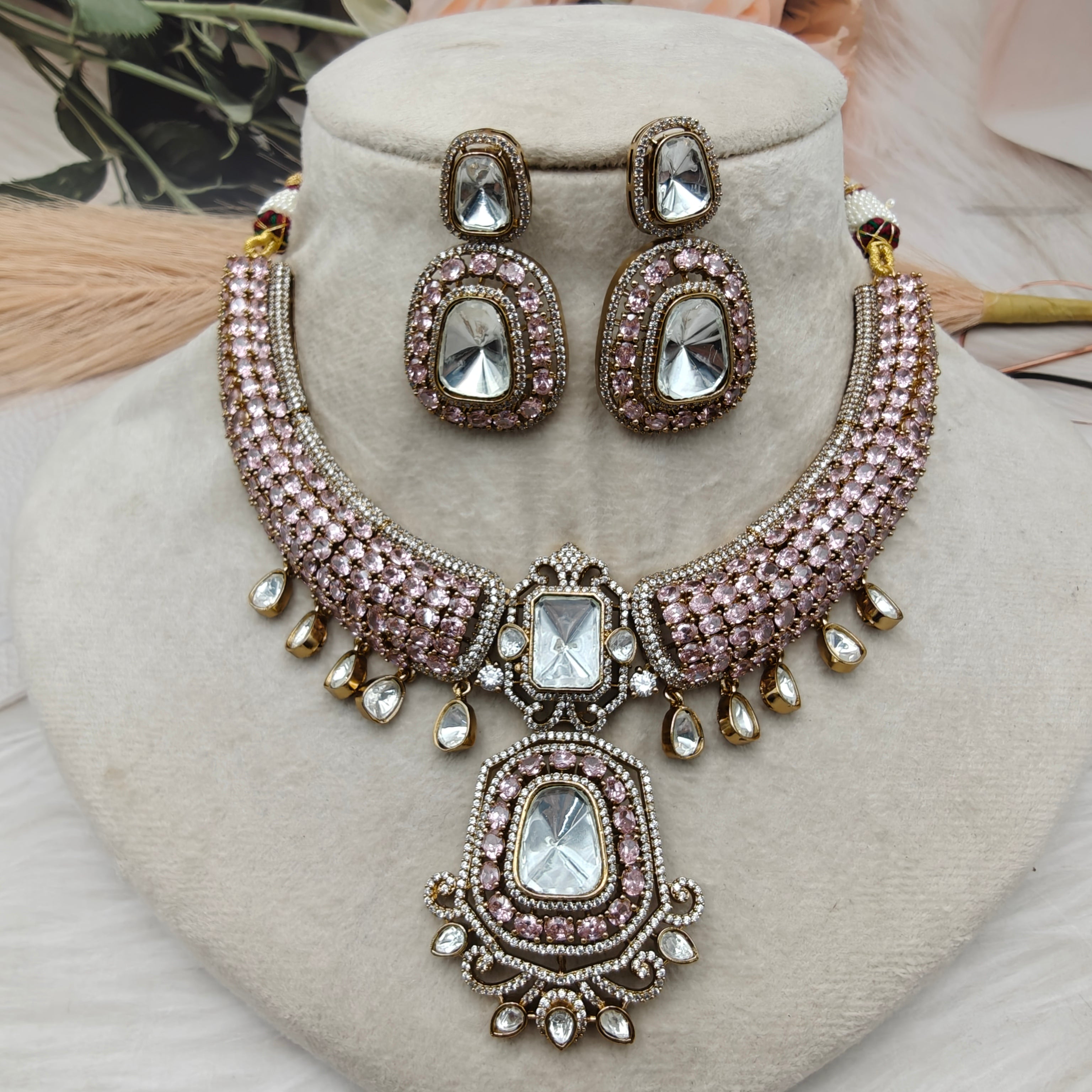 Naazni Moissanite Polki Premium Necklace Set - Pink