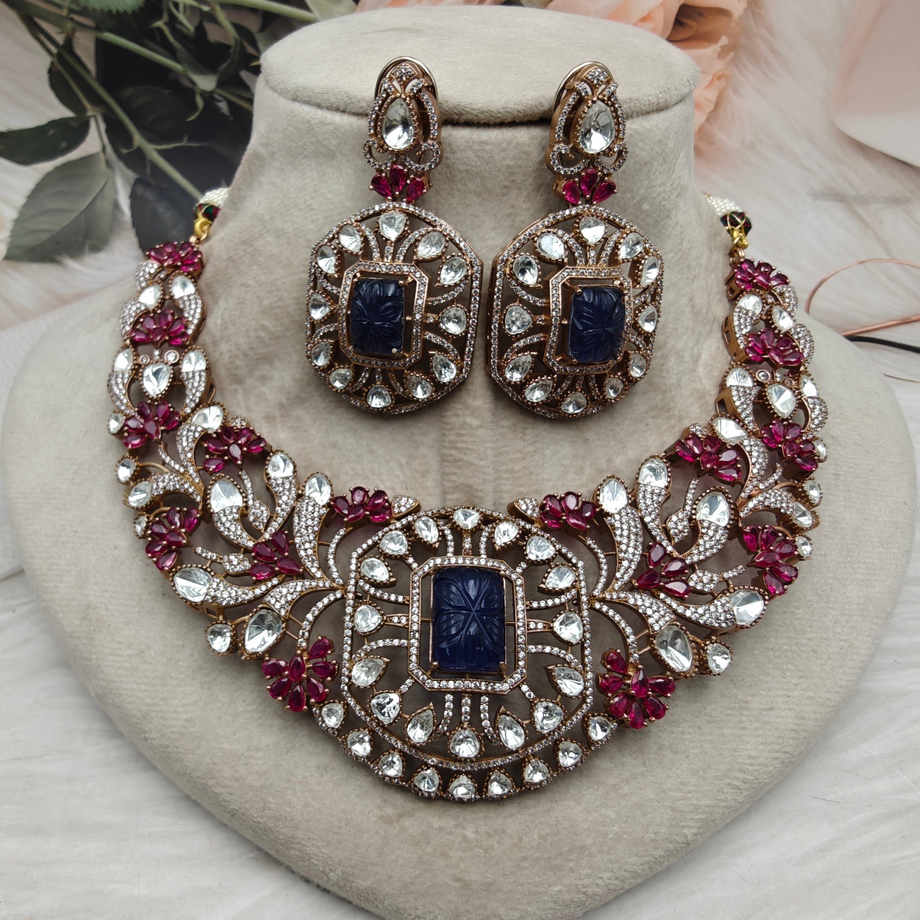 Samrajini Moissanite Necklace Set- Ruby n Blue