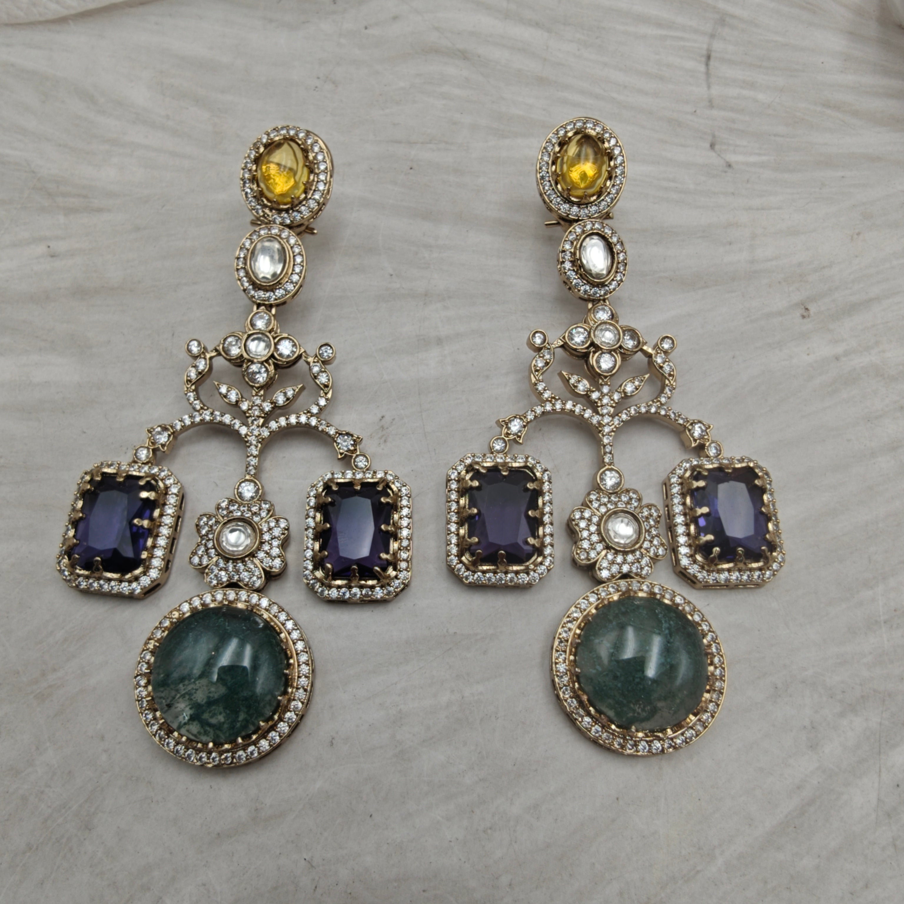 Isha Sabyasachi Inspired Gemstone Earrings- Purple Green Multi