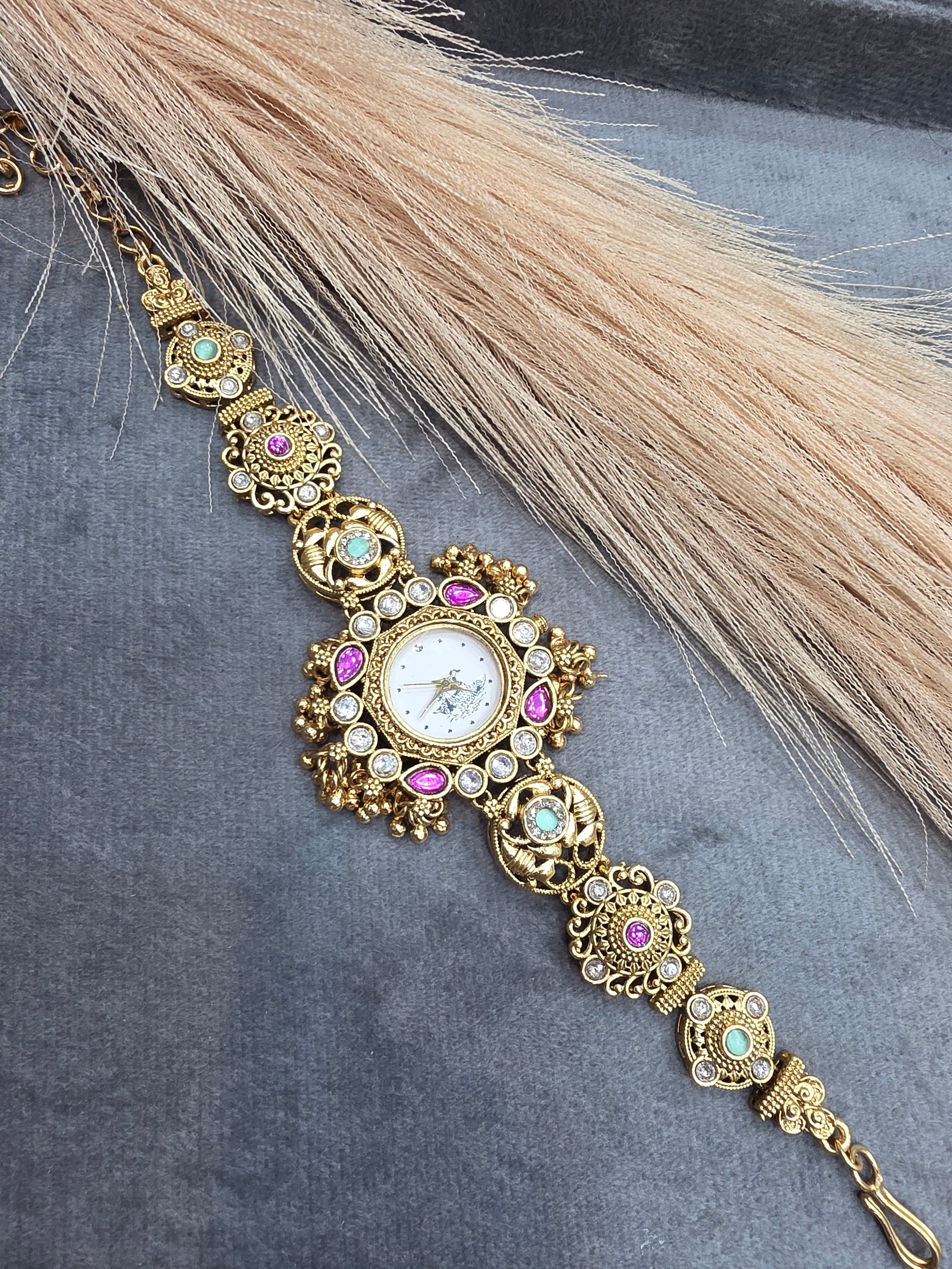 Heritage Brass Fusion Kundan Watch- Ruby Mint