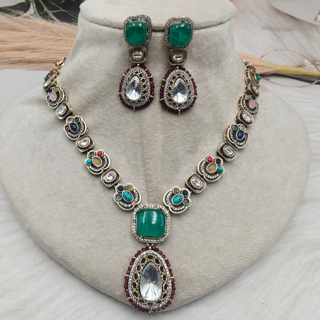 Rushali natural stone Necklace Set- Green Multi
