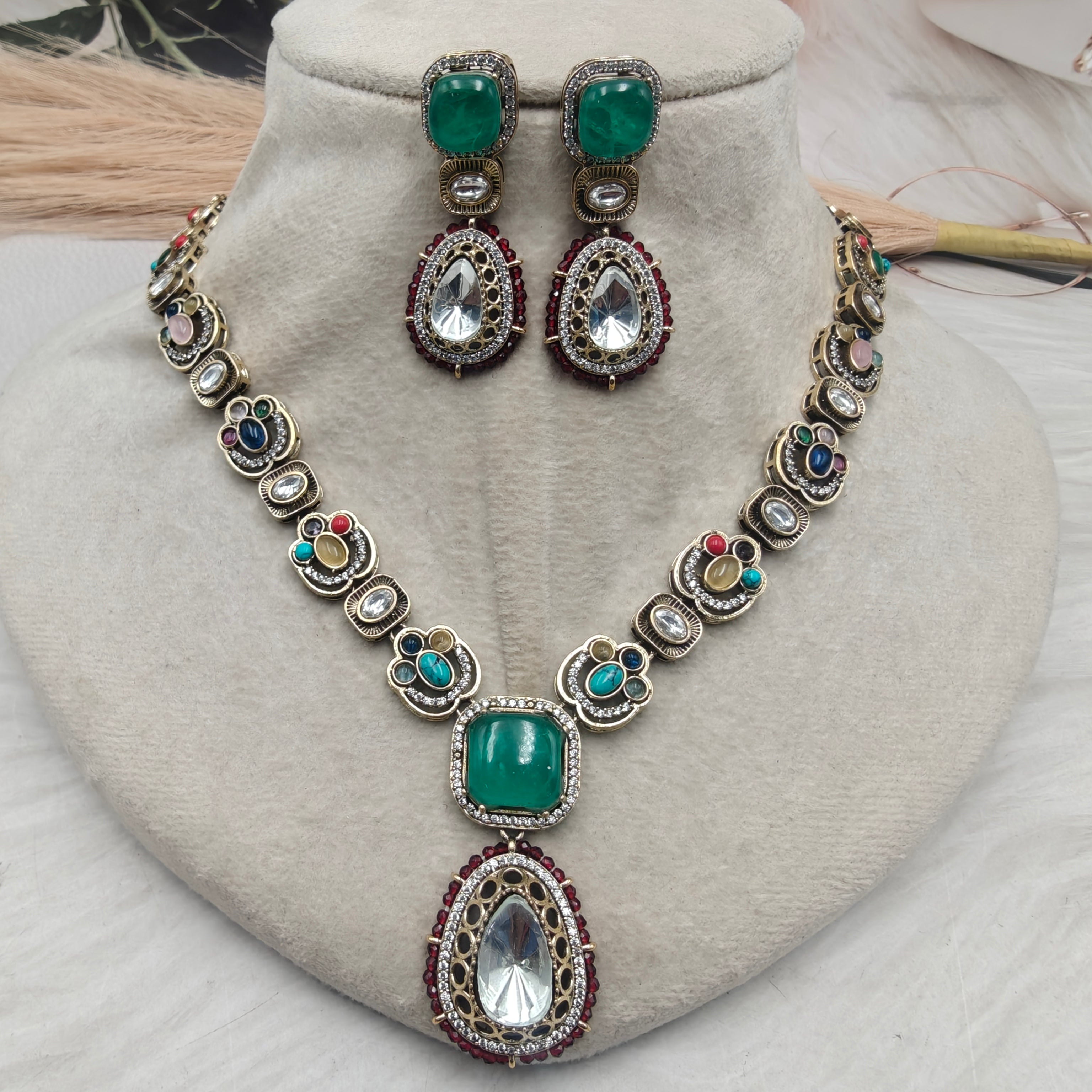 Rushali natural stone Necklace Set- Green Multi
