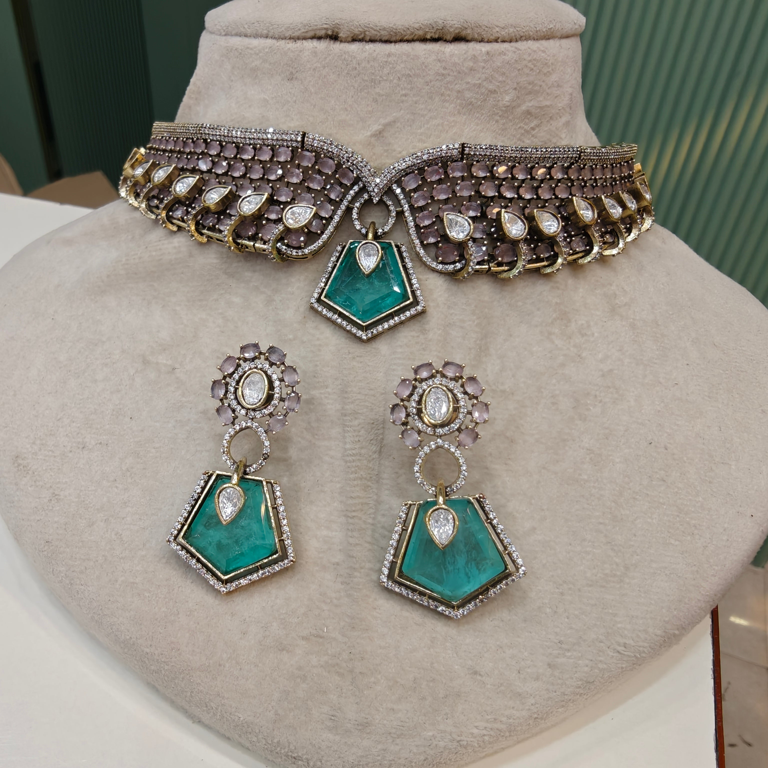 Estella Doublet Collar Necklace Set- Pink and Aqua Green
