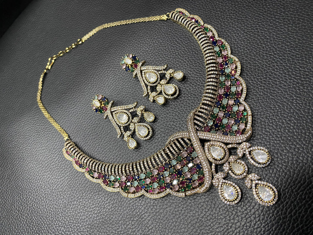 Samara Moissanite Polki Necklace Set- Multi