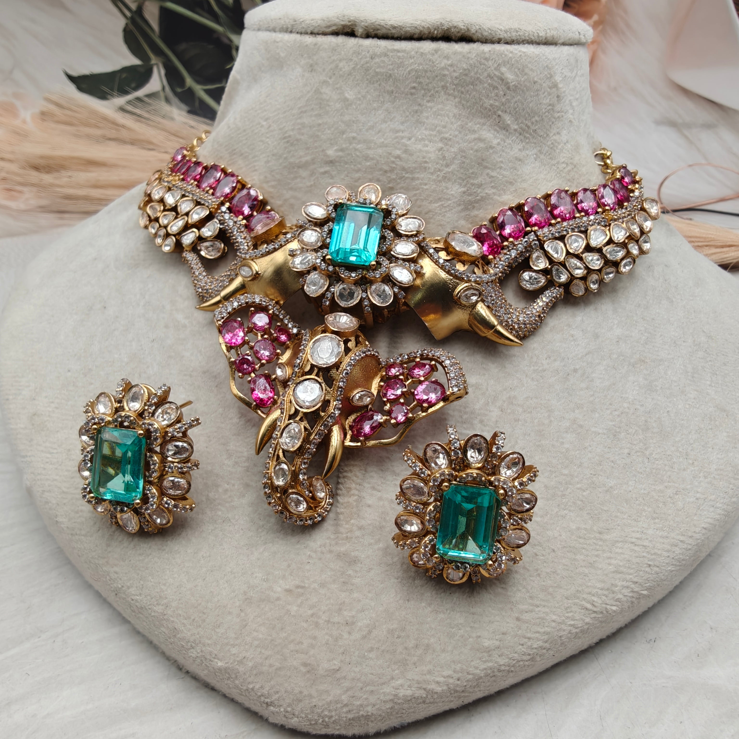 Vighnaharta Luxe Moissanite Necklace Set- Pink and Aqua Green