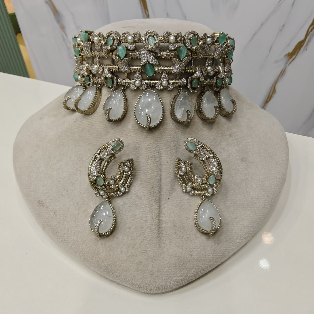 Jiya Doublet Statment Choker Set- Sage Green White