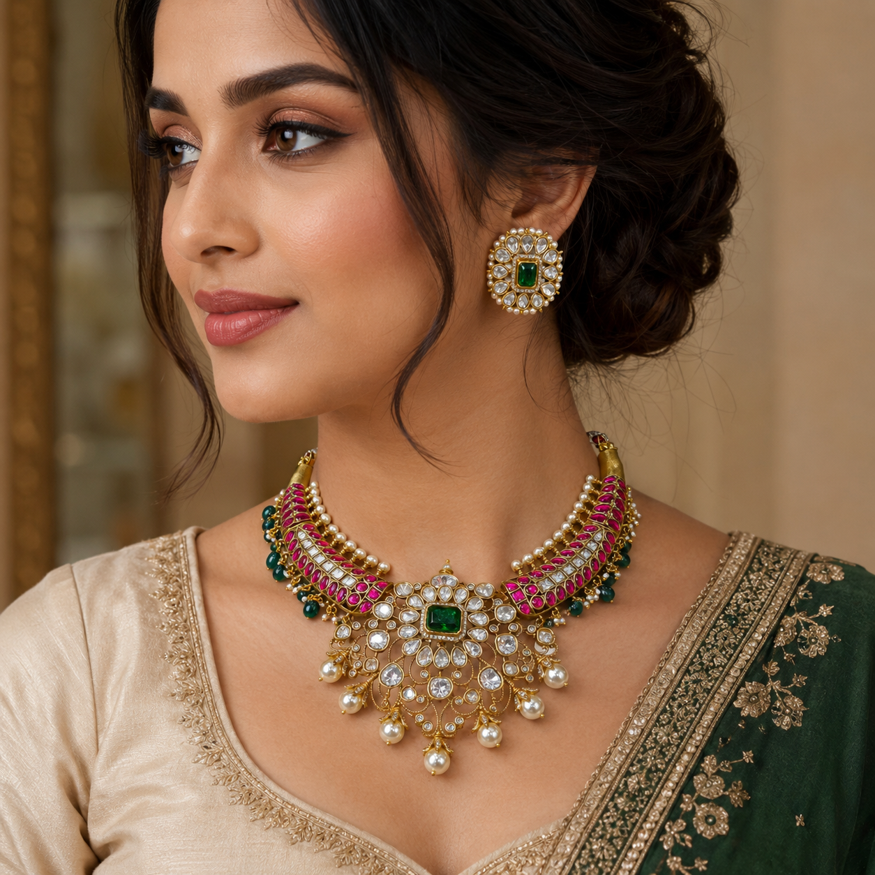 Saheli Mughal Heritage Inspired Jadau Kundan Gold Plated Hasli Set- Ruby Green