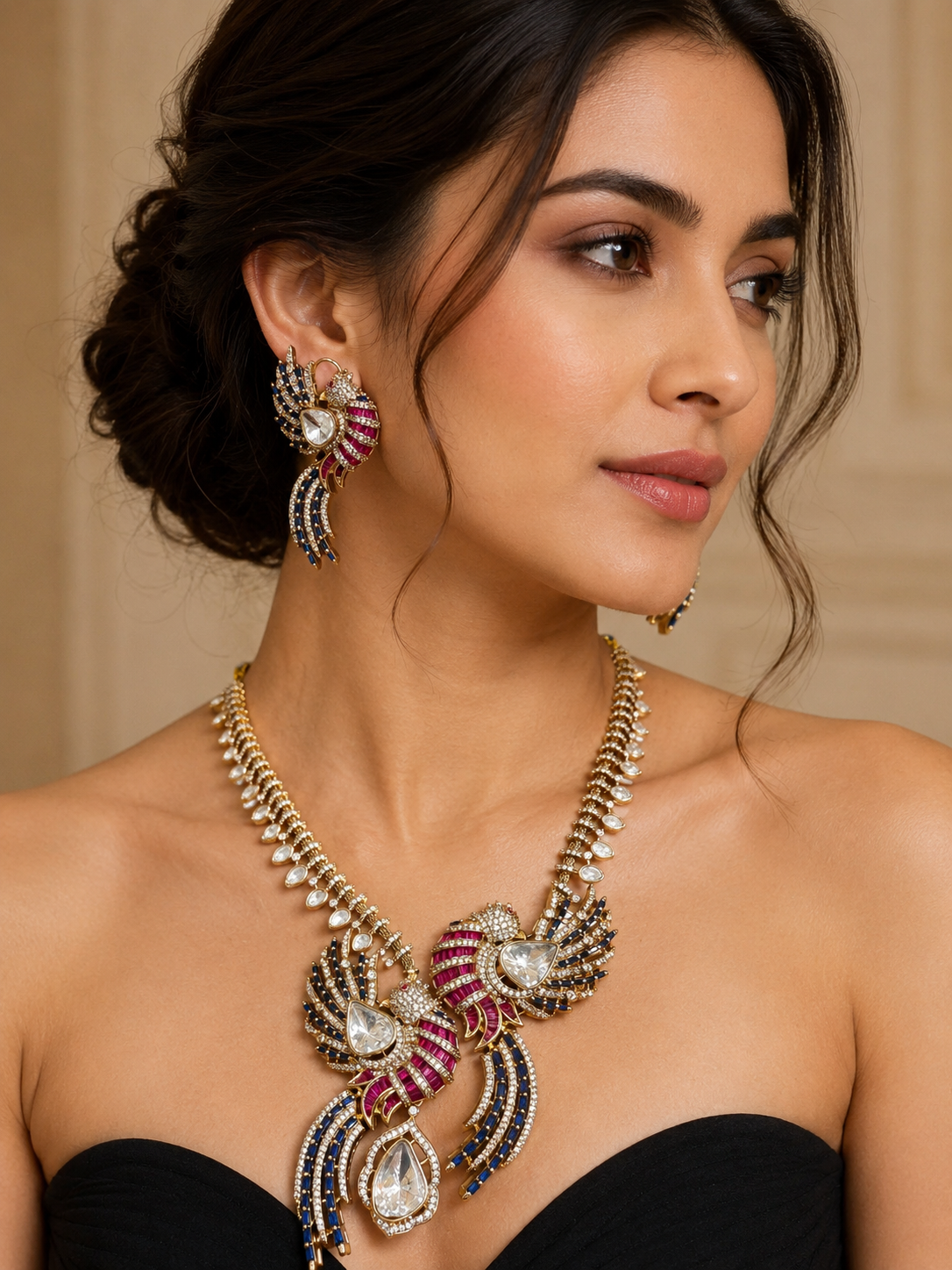 Vantara Udaan Statement Necklace Set- Blue Ruby