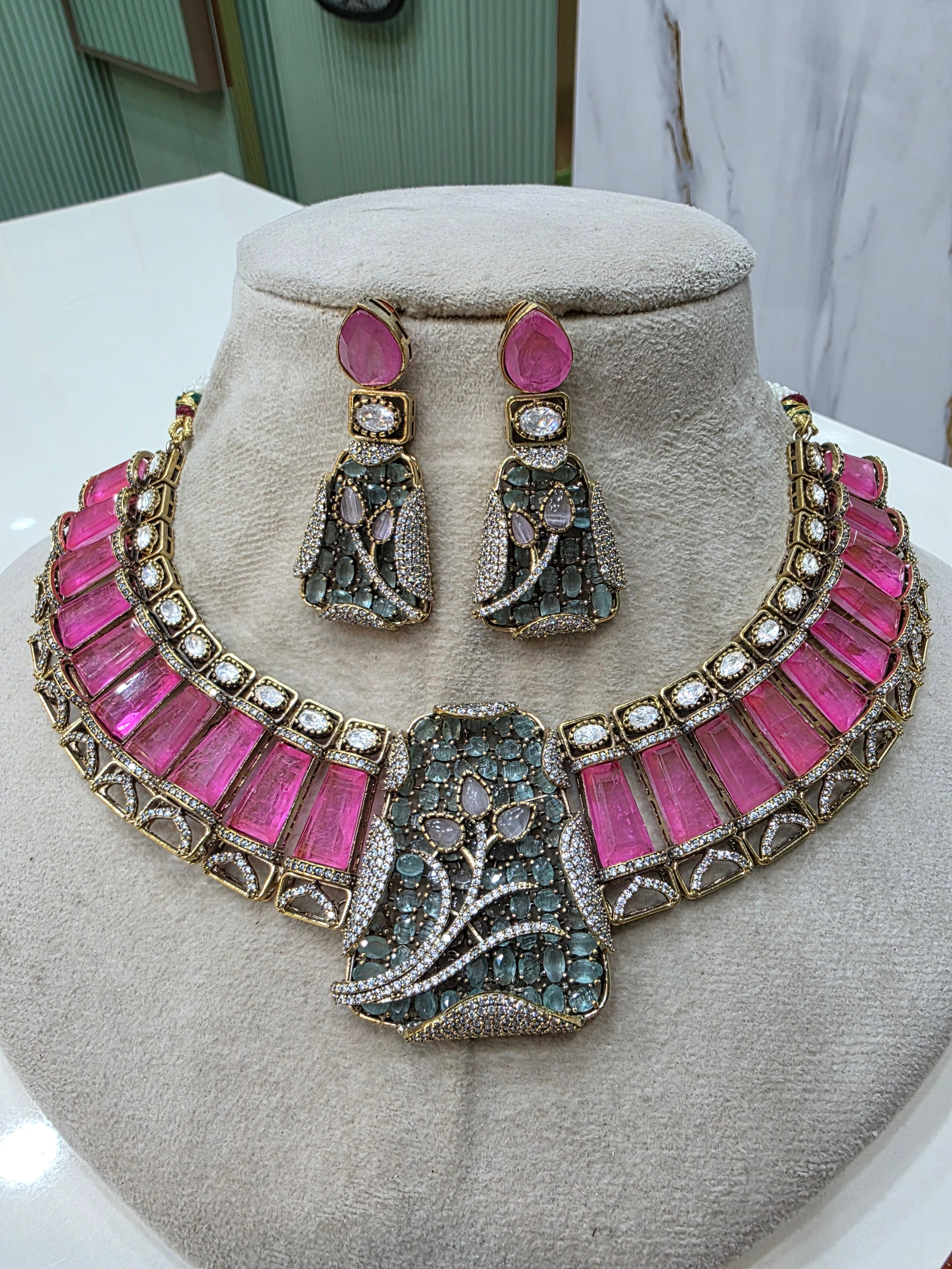 Aaina Doublet Designer Necklace Set- Pink and Mint