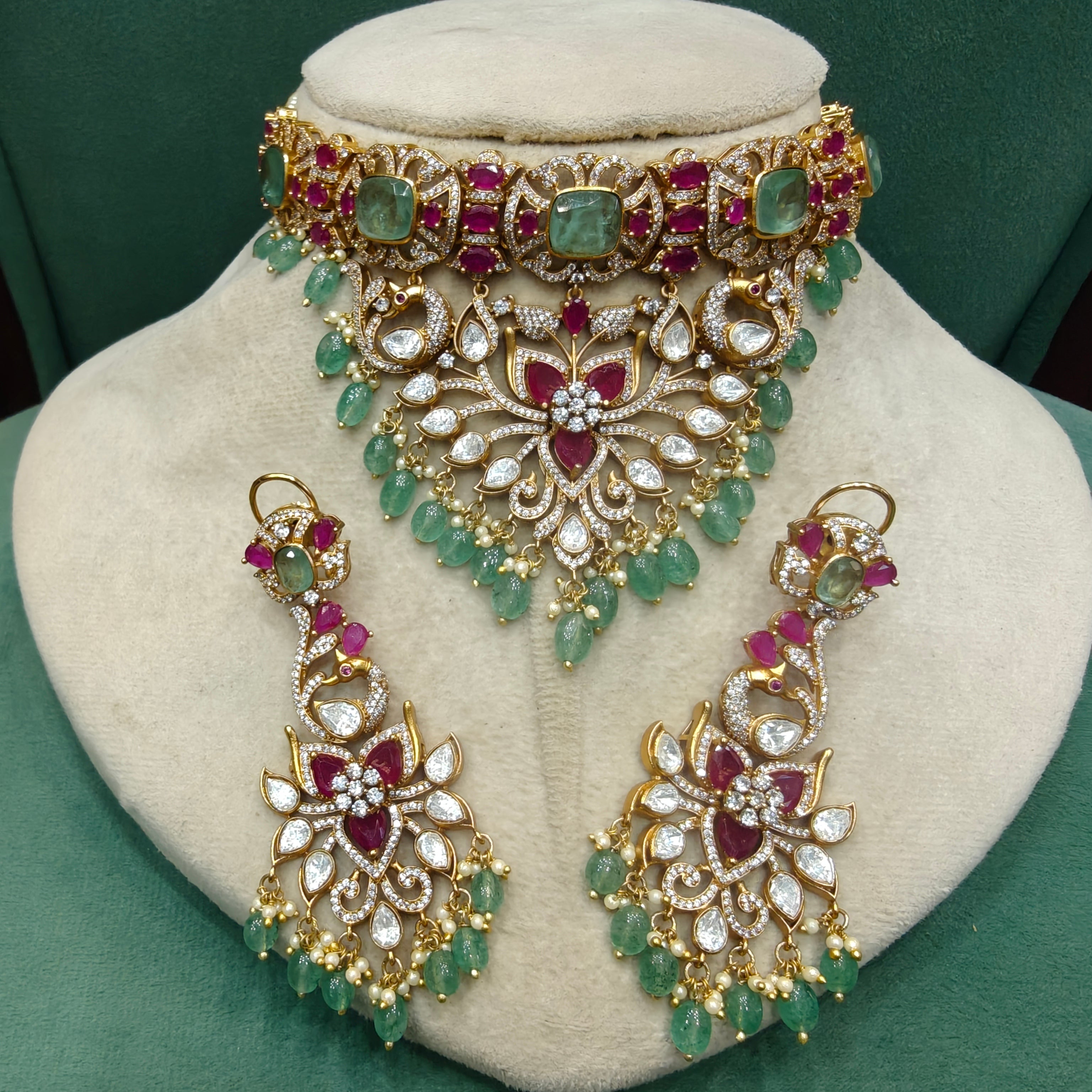 Gajgamini Moissanite Heritage Designer Choker Necklace Set- Ruby Mint