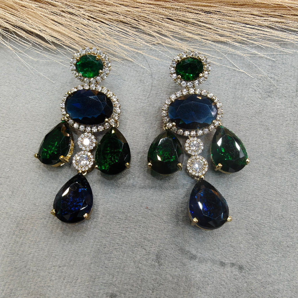 Bhavika Chandelier Sabya inspired Dangler Earrings- Emerald and Blue