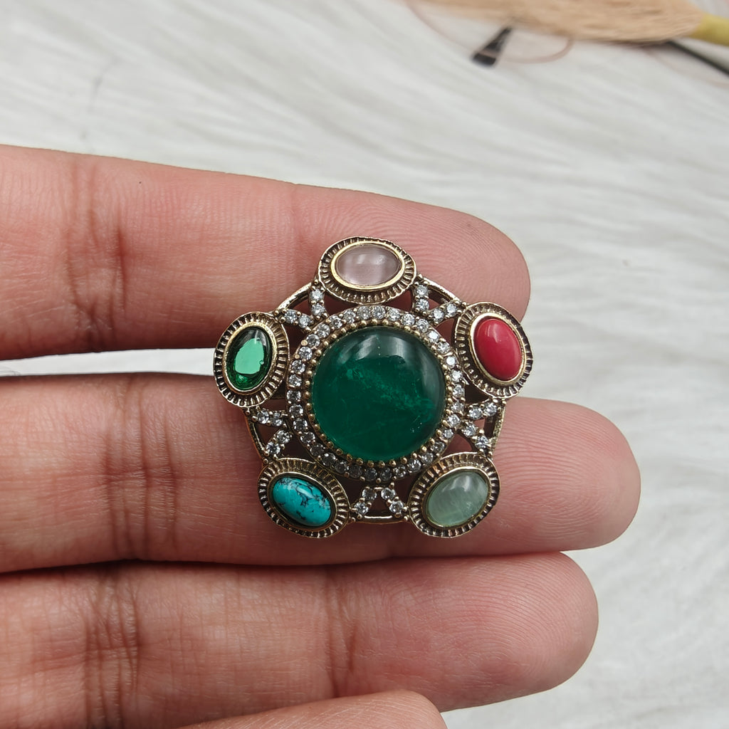 Nazni Inspired Multi Stone Adjustable Ring-Emerald Green Multi