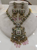 Niharika Heritage Medium Length Necklace Set- Pink Green