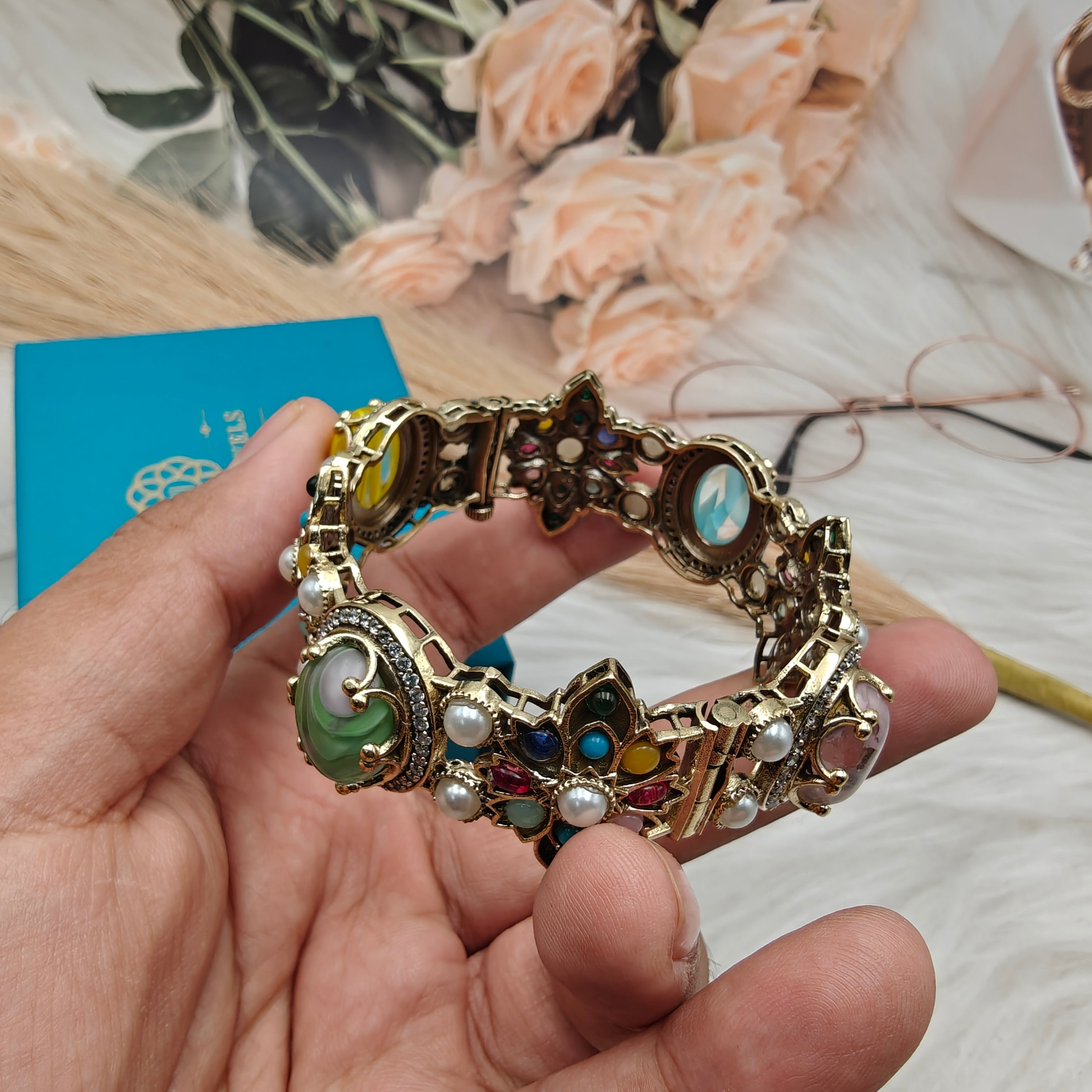 Sabyasachi Inspired Chahat Natural Stones Openable Bangle - Multi