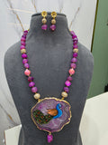 Peacock Natural Stone Tanjore Necklace Set- Purple