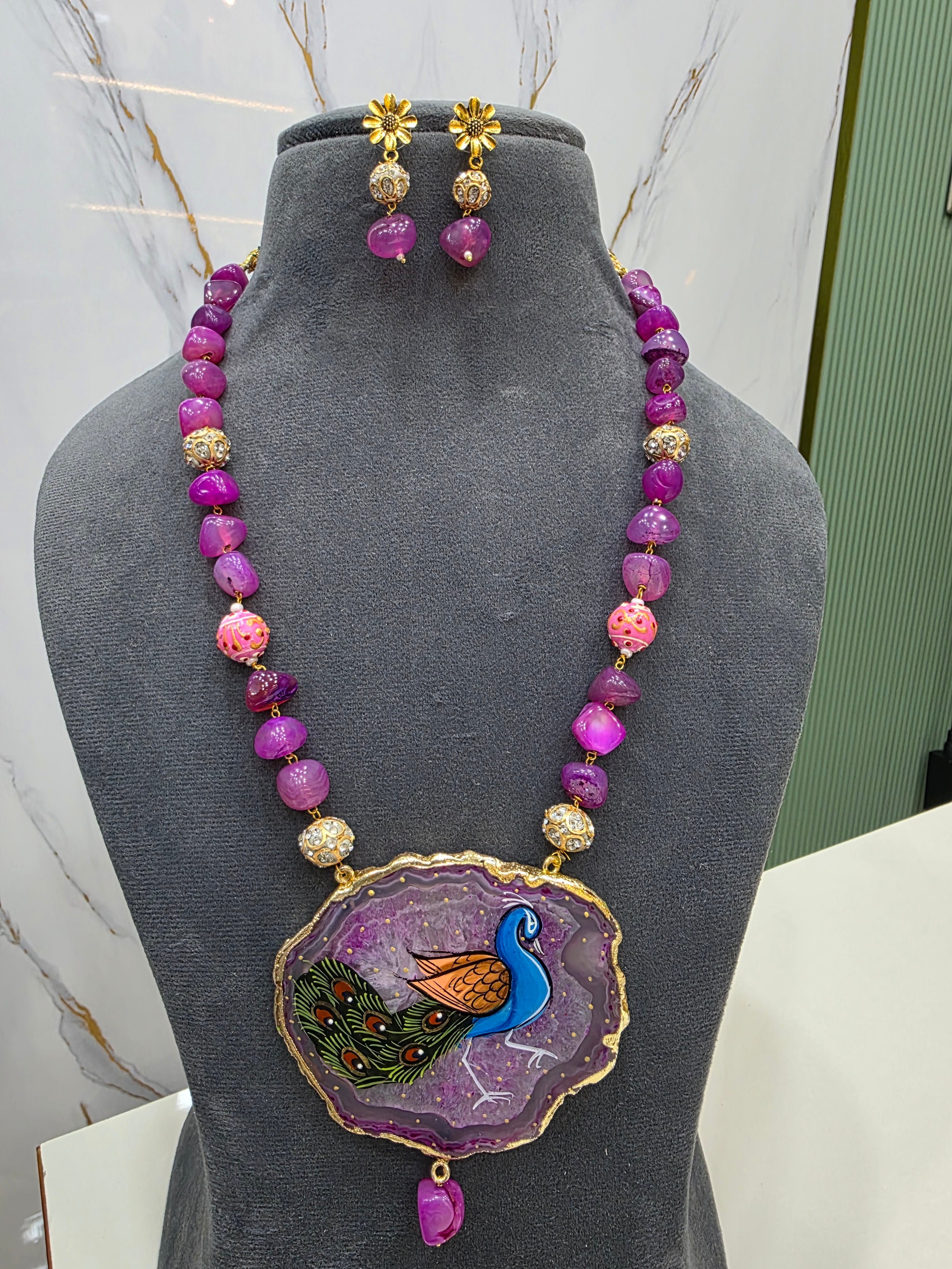 Peacock Natural Stone Tanjore Necklace Set- Purple