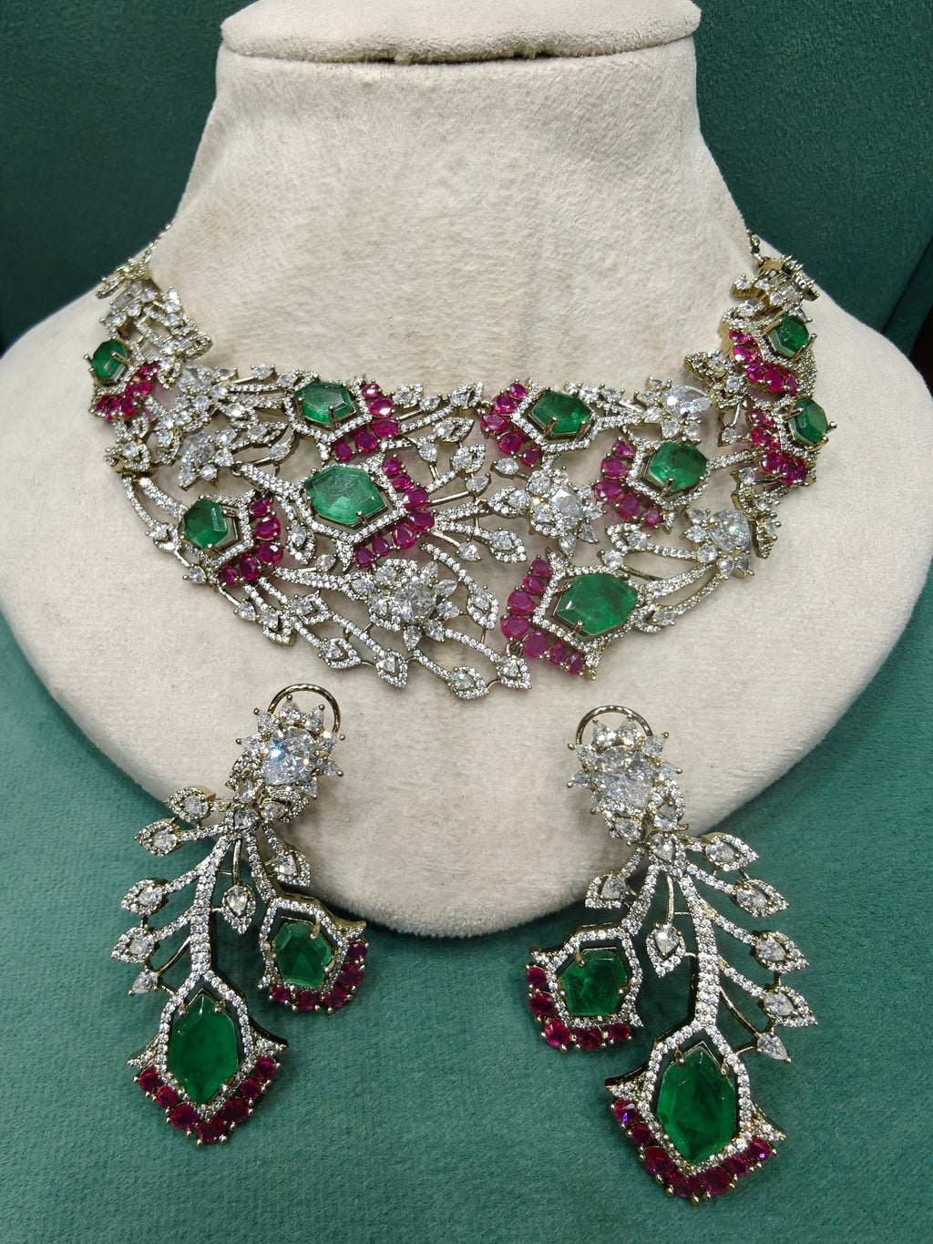 Rajkumari Bloom Statement Necklace Set- Mint and Ruby