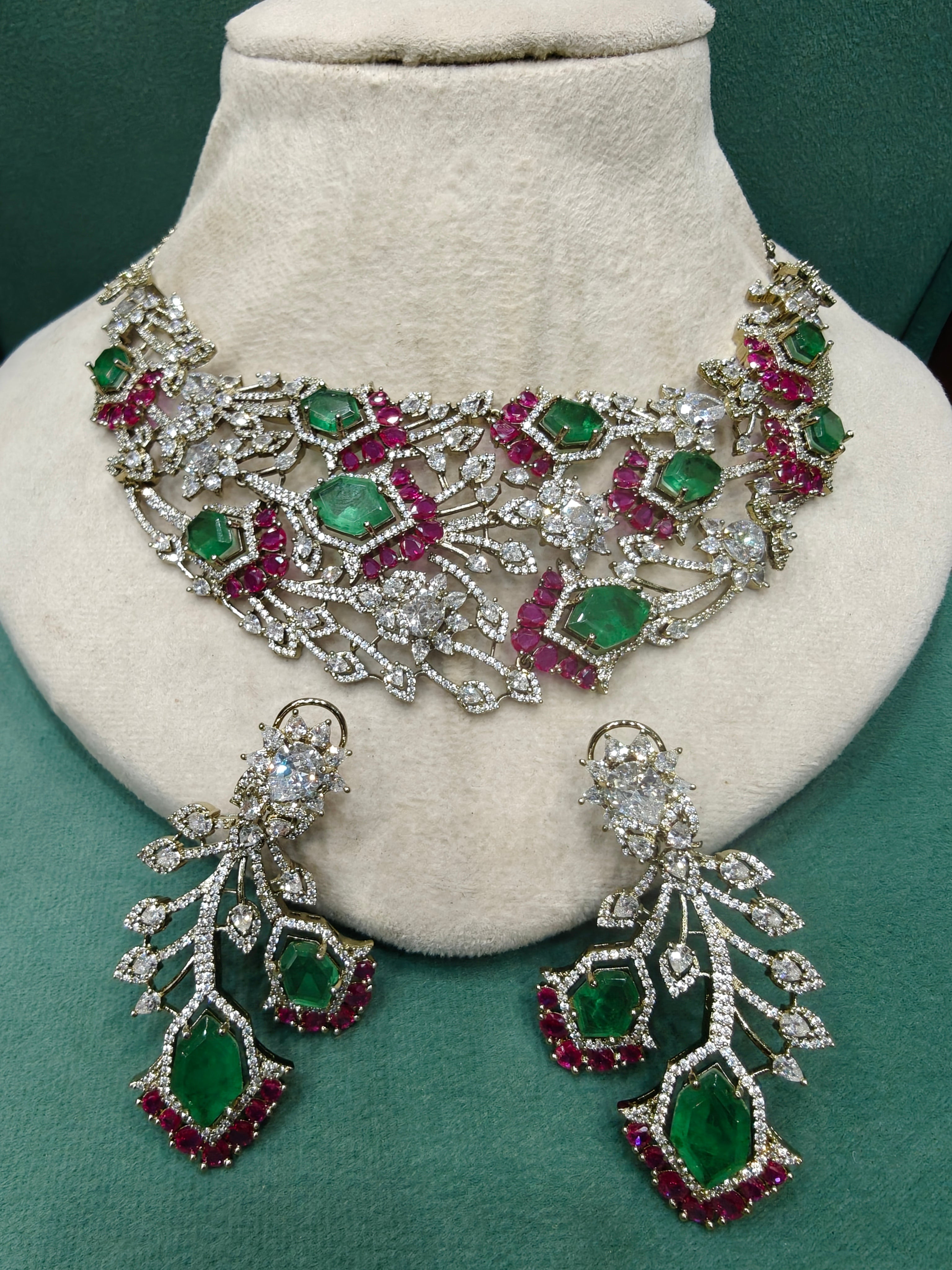 Rajkumari Bloom Statement Necklace Set- Mint and Ruby
