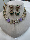 Svarag Sabyasachi Inspired Druzy Stone Choker Necklace Set- Purple Green