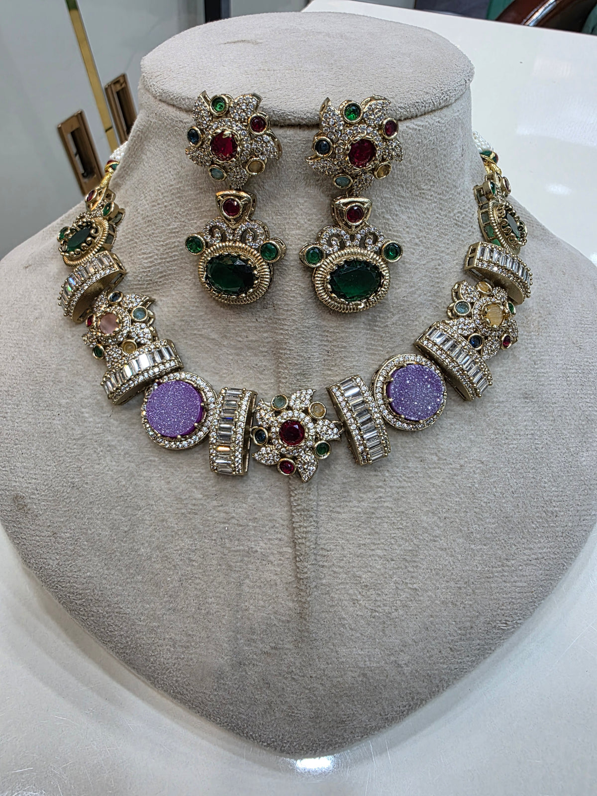 Svarag Sabyasachi Inspired Druzy Stone Choker Necklace Set- Purple Green
