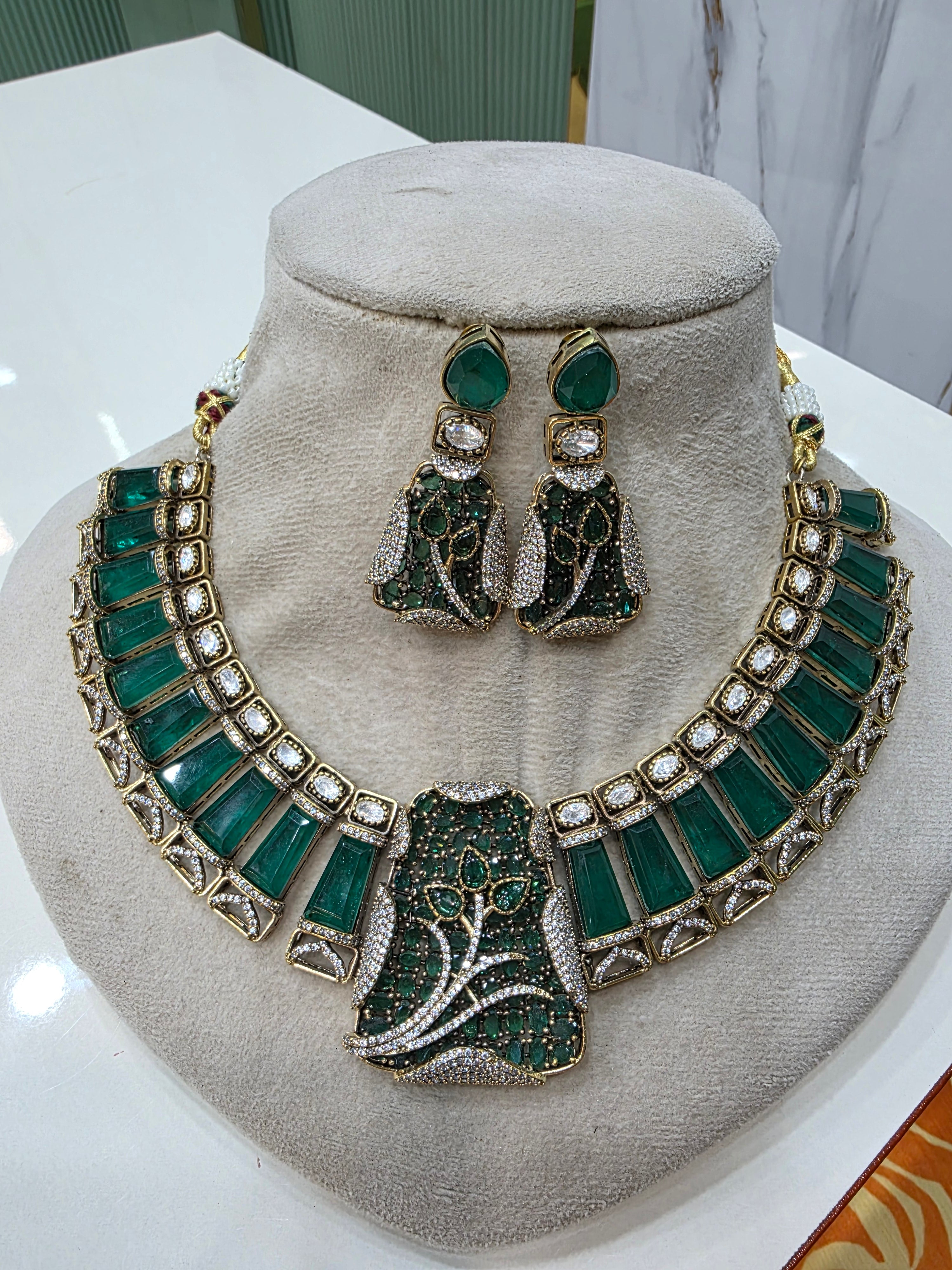 Aaina Doublet Designer Necklace Set- Emerald Green