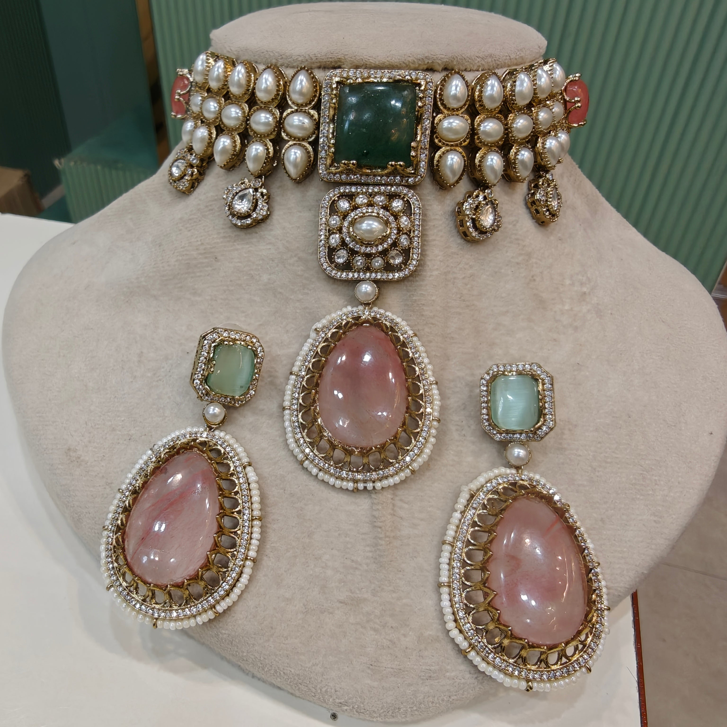 Alokika Sabya Inspired Pearl and Natural Stone Necklace Set- Green Coral