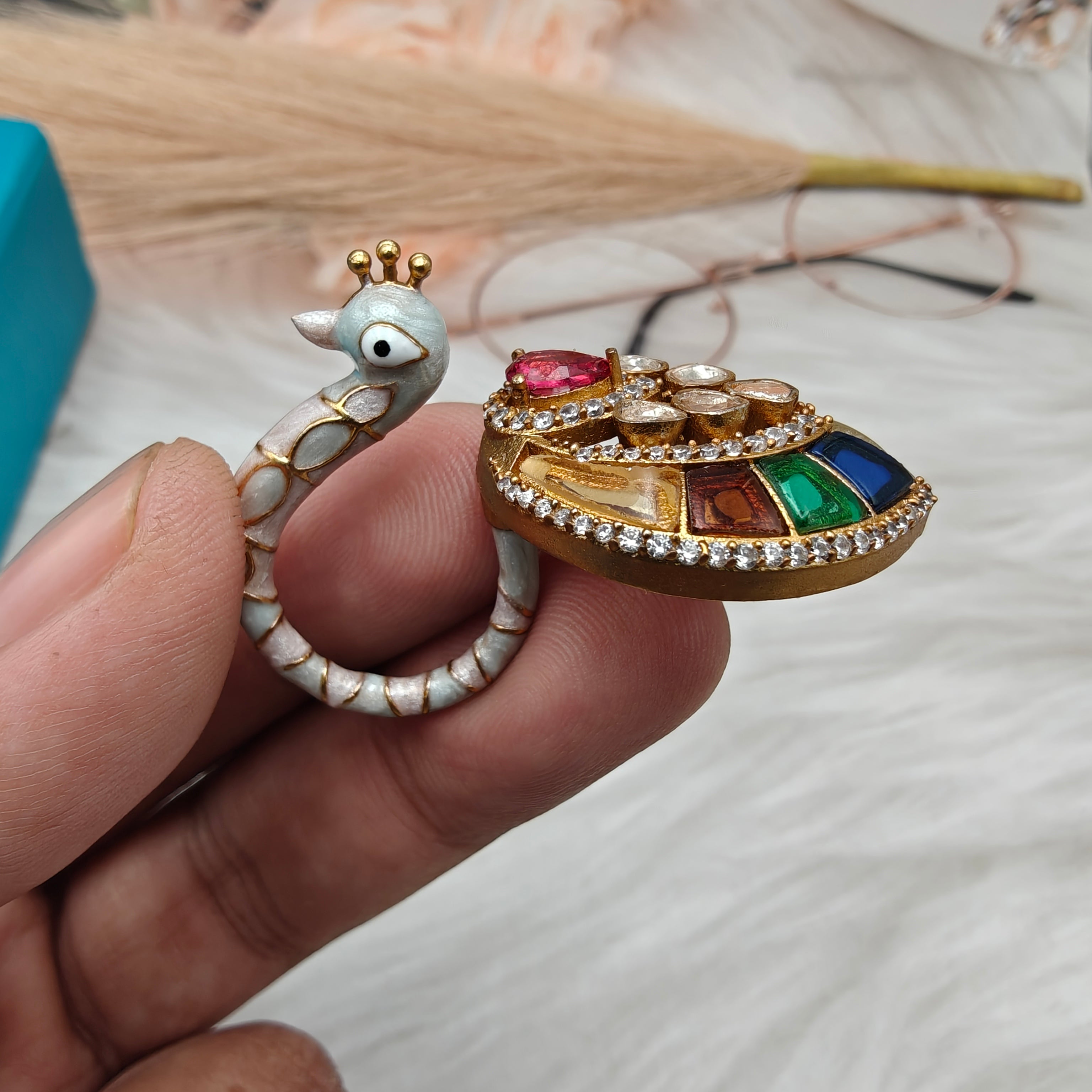 Morni Moissanite Italian Enamel Statement Ring-Pastel Blue - Multi