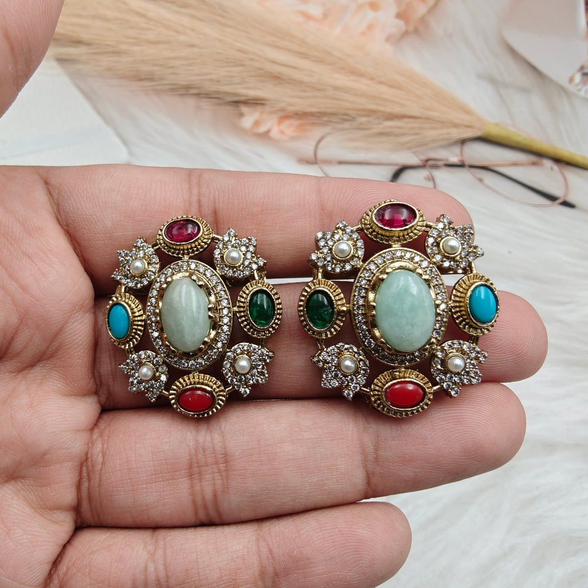 Small Riah Sabyasachi Inspired Riah Gemstone Studs- Aquamarine – Iditri Jewels