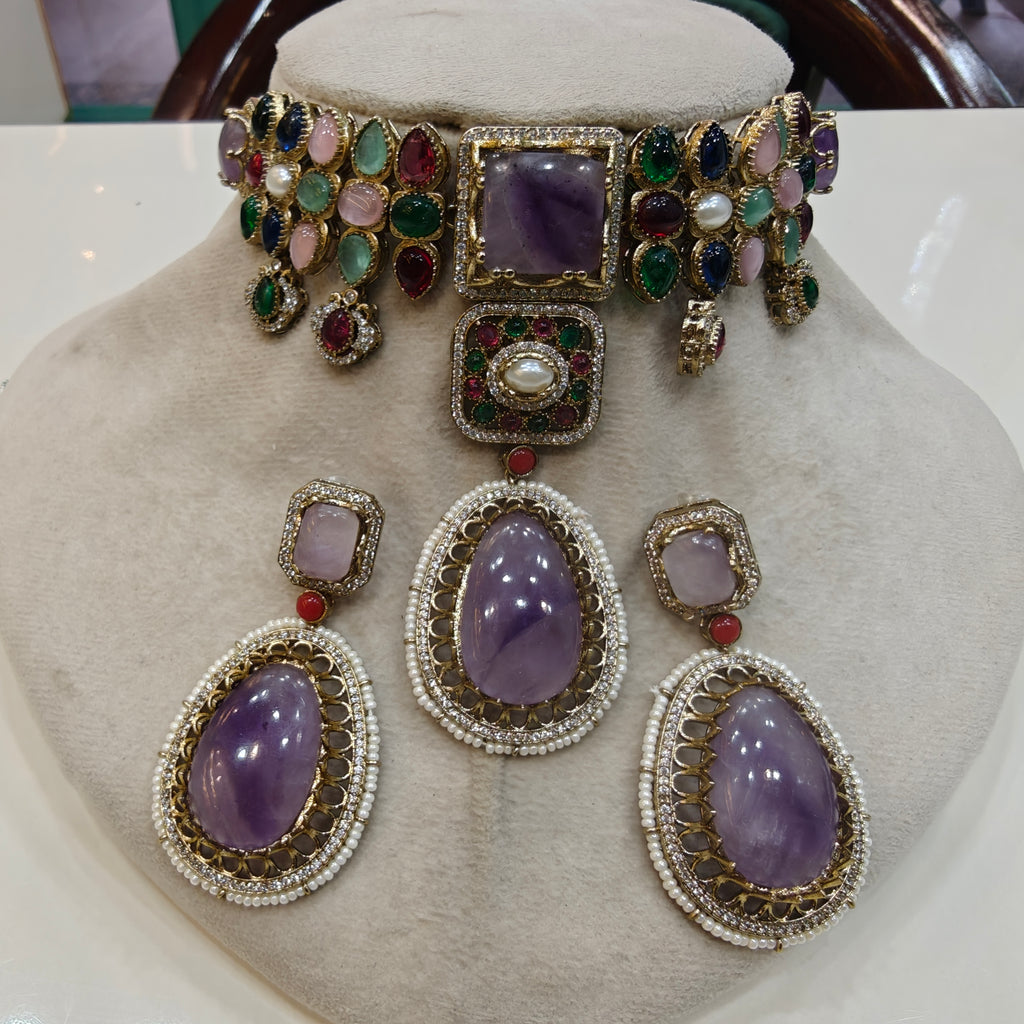 Alokika Sabya Inspired Pearl and Natural Stone Necklace Set- Purple Multi