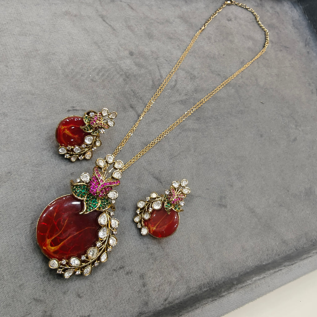 Raktika Natural Stone Statement Pendant Set- Crimson Red