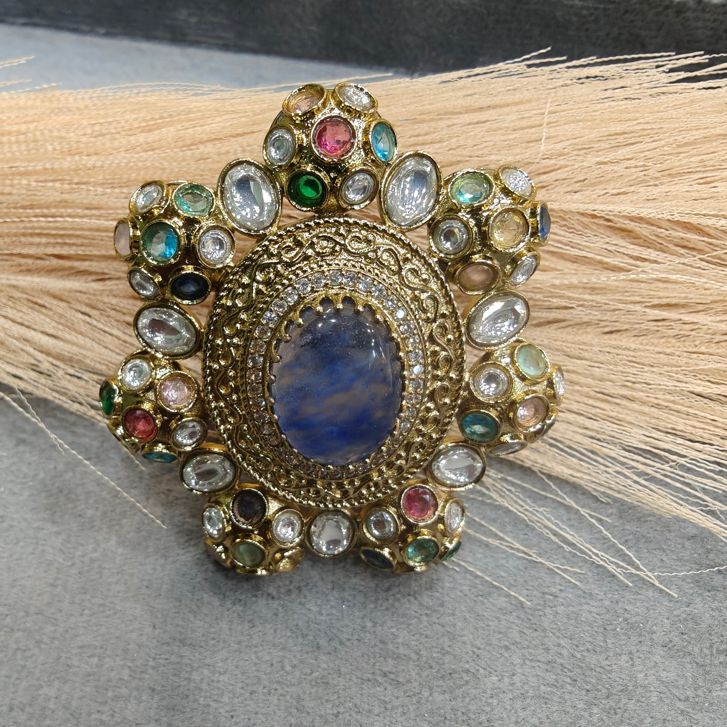 Sabyasachi Inspired Big Size Cocktail Adjustable Ring- Blue