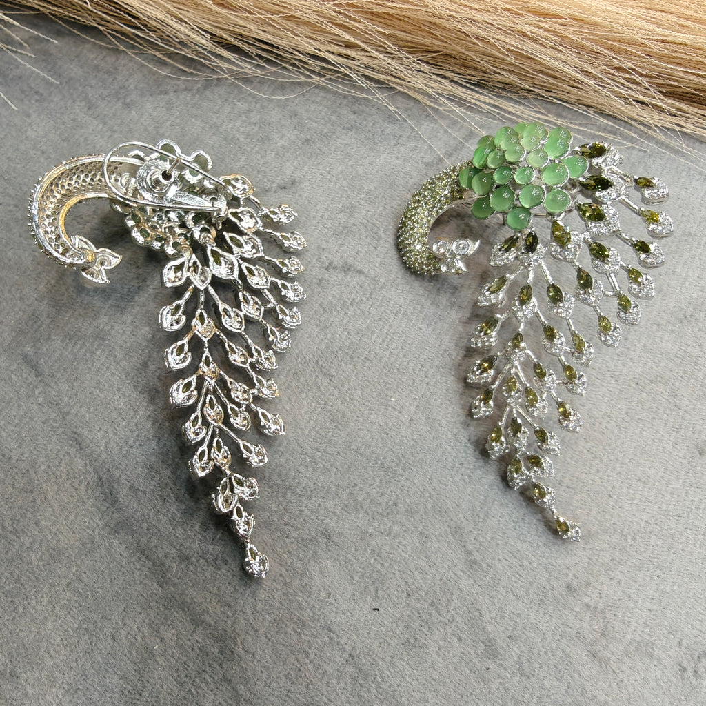 Vantara Peacock Statement Silver Plated Earrings- Pista Green and Champagne Green