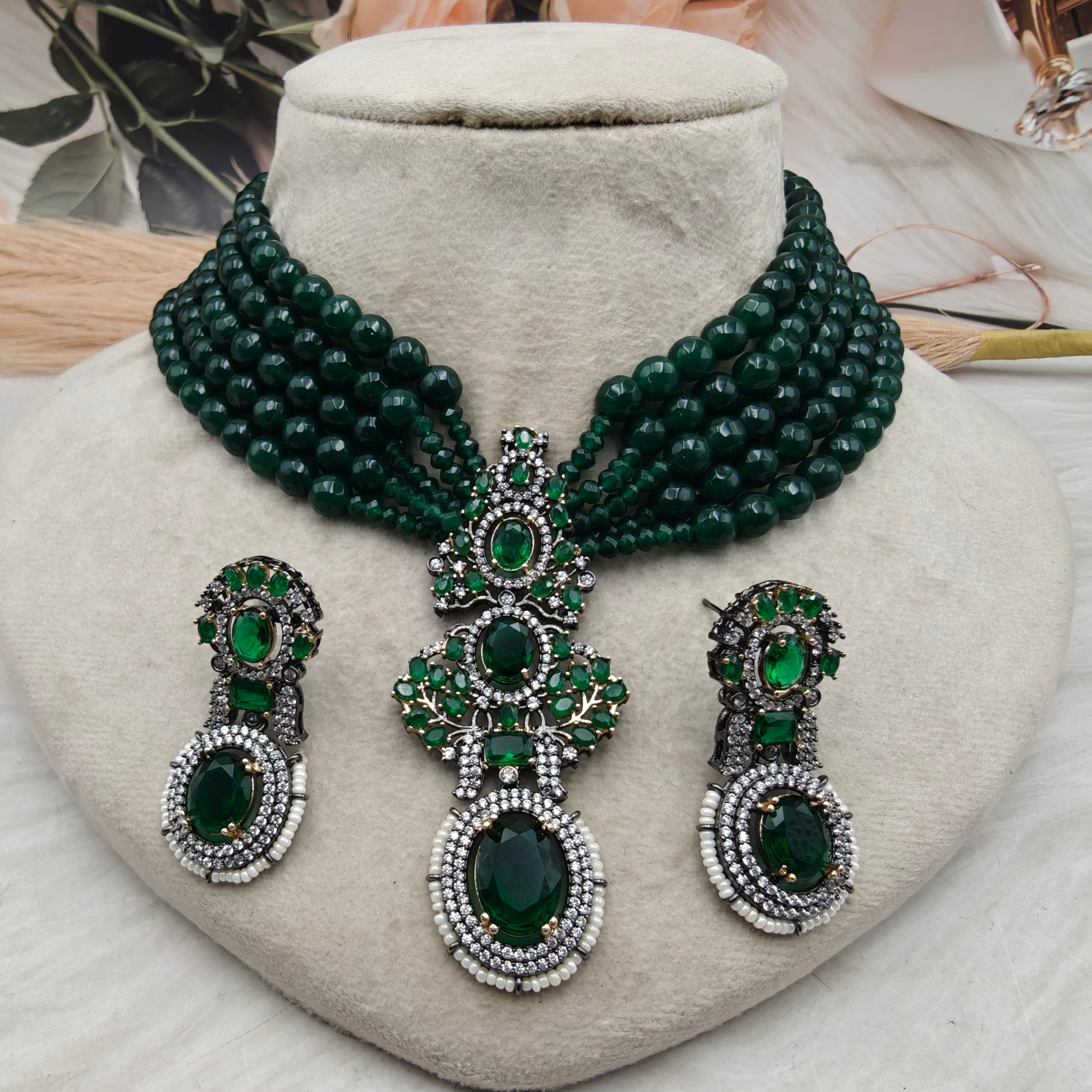 Madhuri Sabyasachi Inspired Emerald Onyx Choker Necklace Set