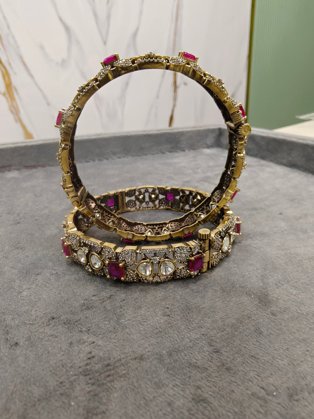 Jasvika Polki Victorian Openable Bangles- Ruby