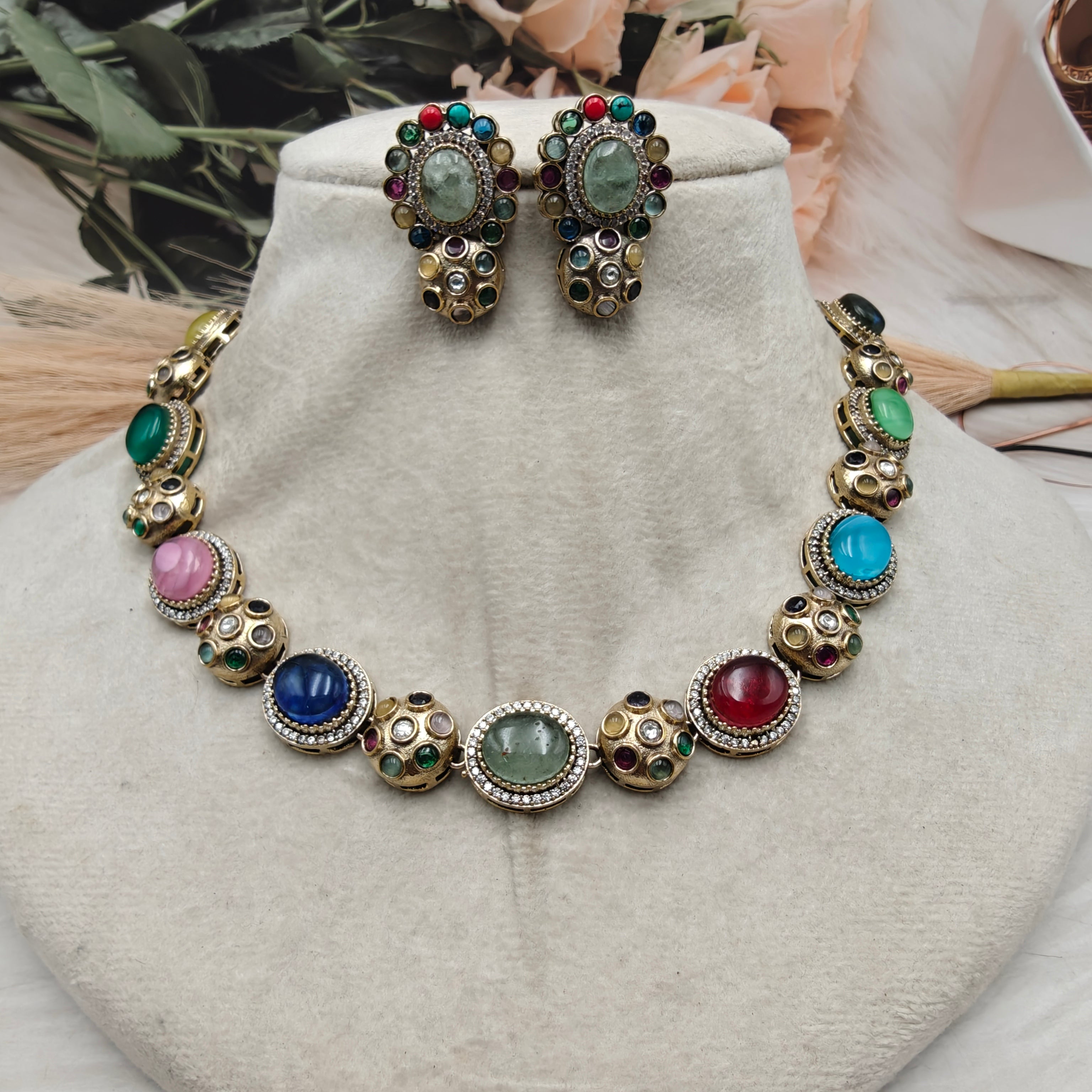 Sabyasachi Inspired Natural Stone Necklace Set- Multi