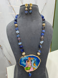 Radha Krishna Natural Stone Tanjore Necklace Set- Blue