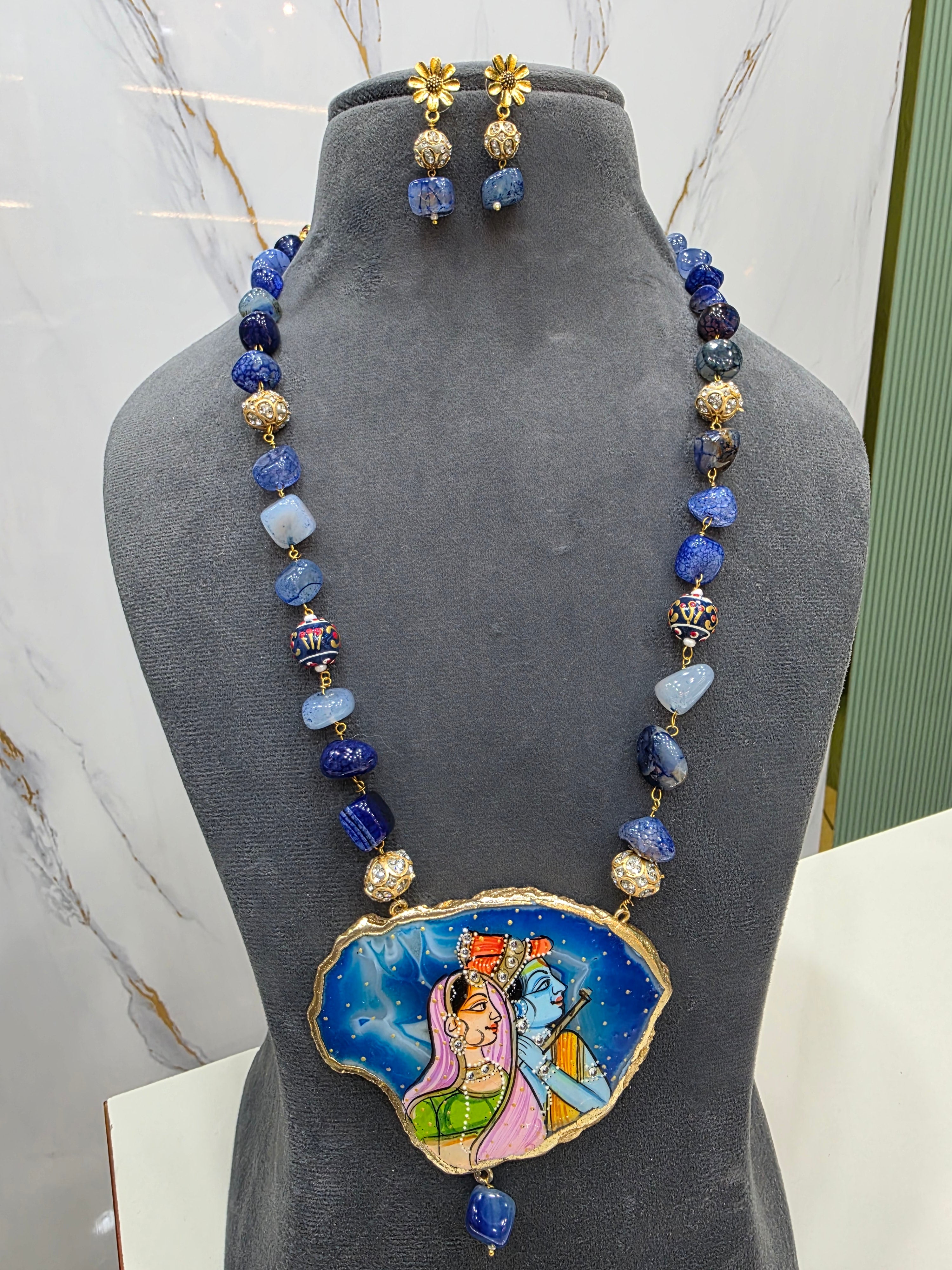 Radha Krishna Natural Stone Tanjore Necklace Set- Blue