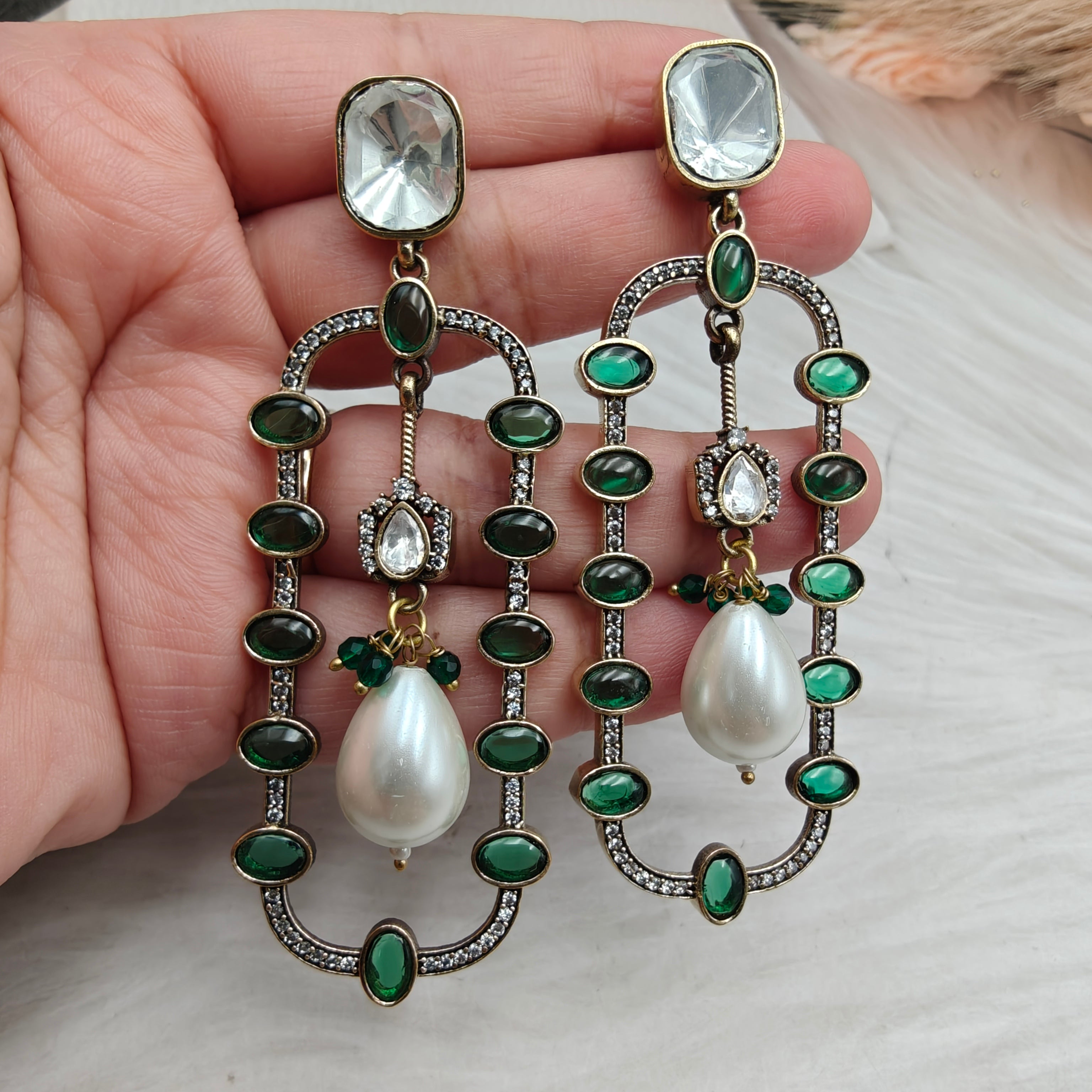 Divisha Statement Earrings with Pearl drop - Green