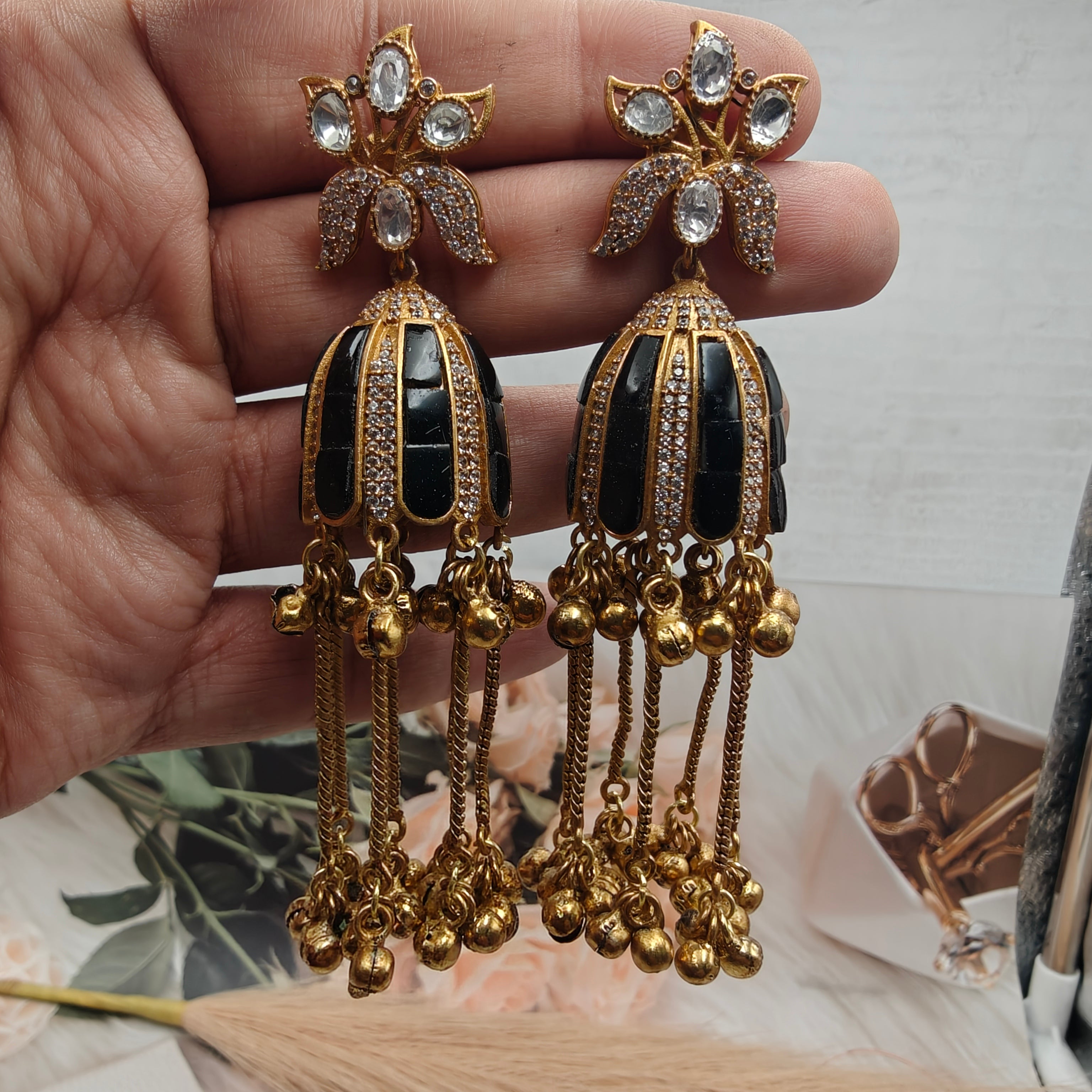 Varsha Takker Stone and Uncut Polki Brass Fusion Kashmiri Jhumki- Black