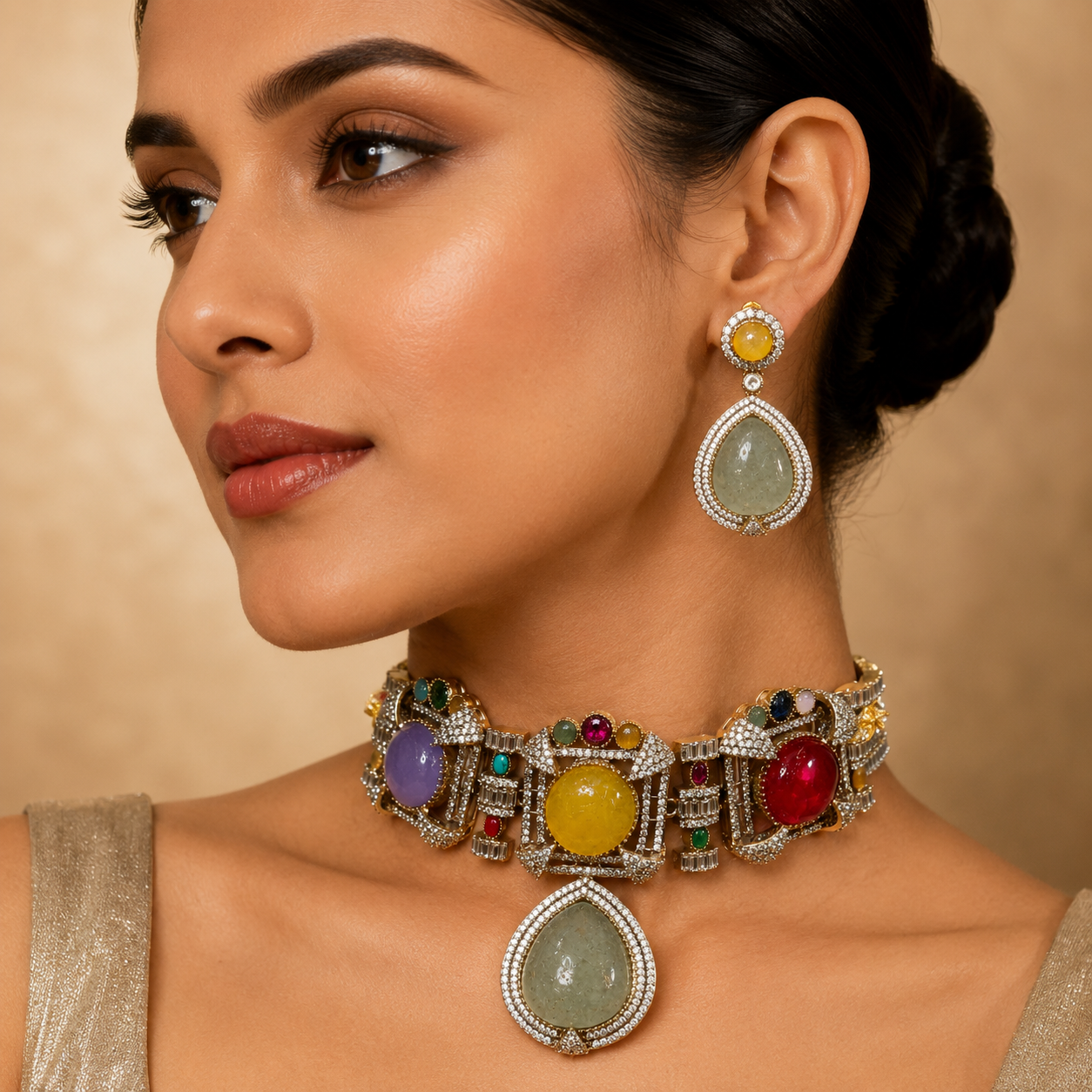 Nazm Quartz Doublet Choker Set- Mint Multi