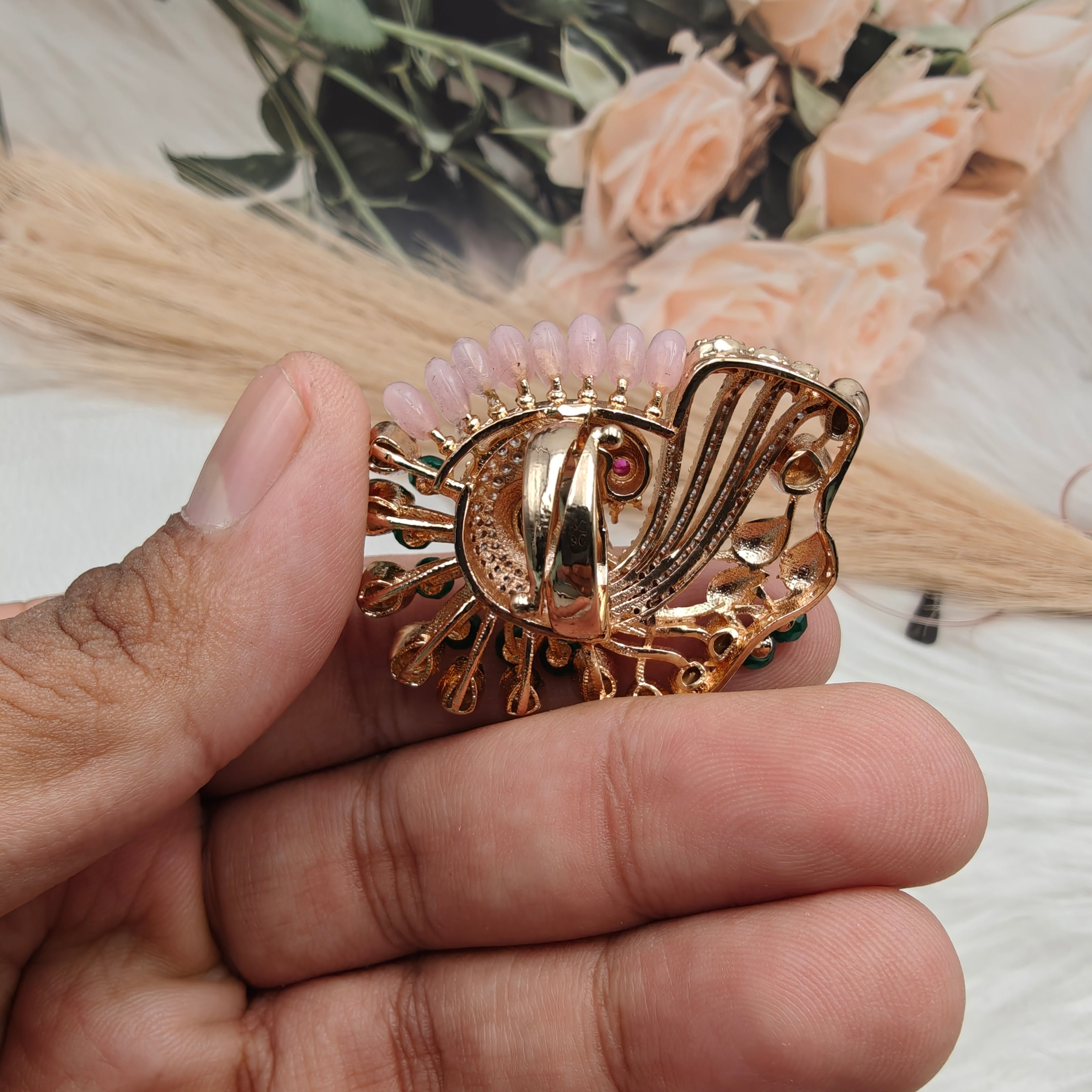 Mayuma Peacock Statement Italian Enamel Moissanite Ring - Pink n Green