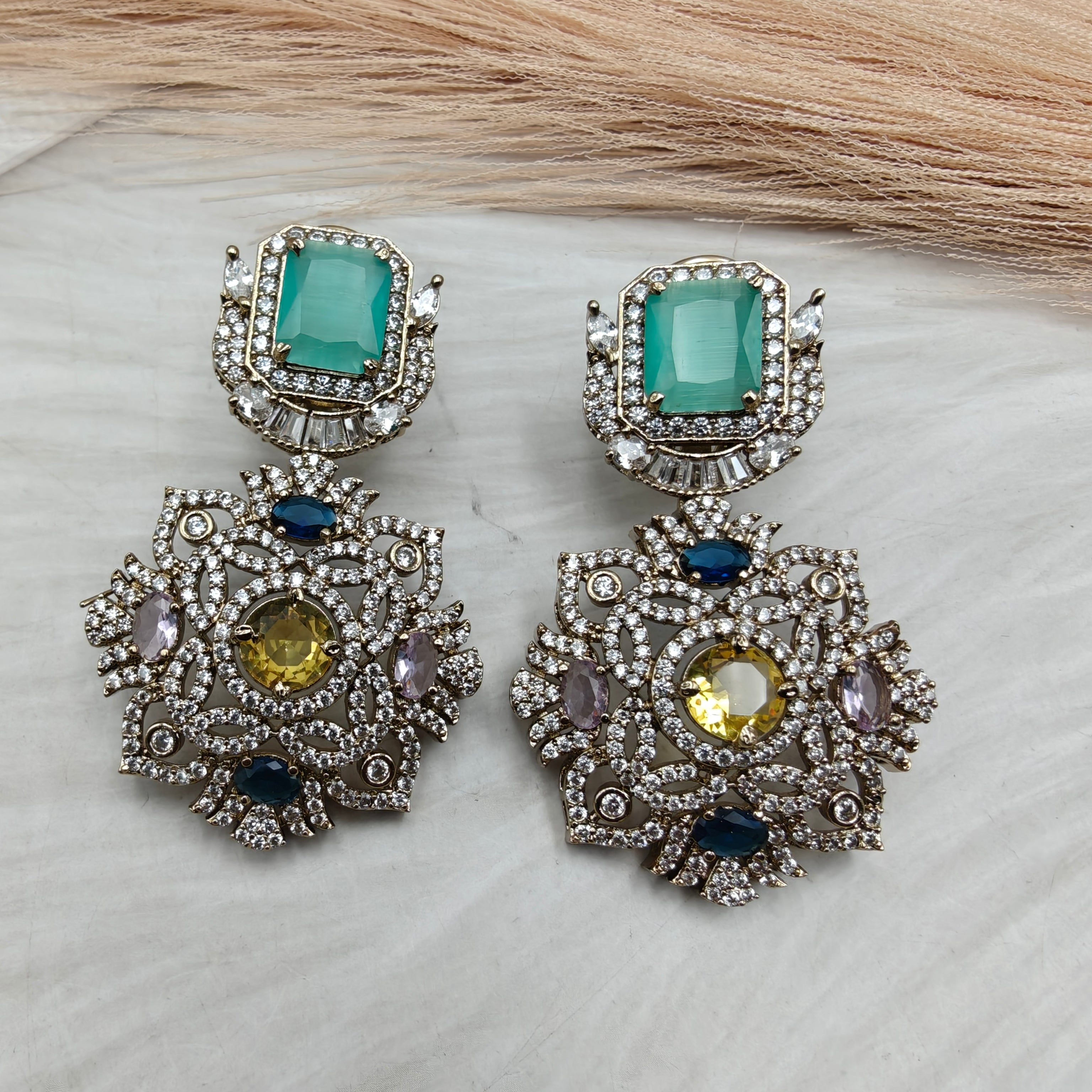 Virgya Sabyasachi Inspired Quartz Statement Earrings- Mint Multi