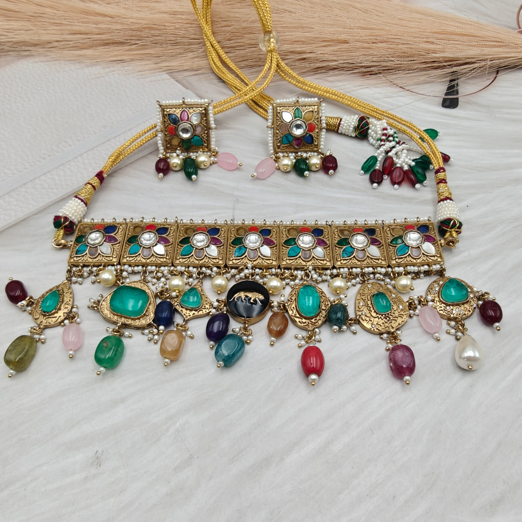 Sabyasachi Inspired Navratan Takker Stone Choker Set- Multi