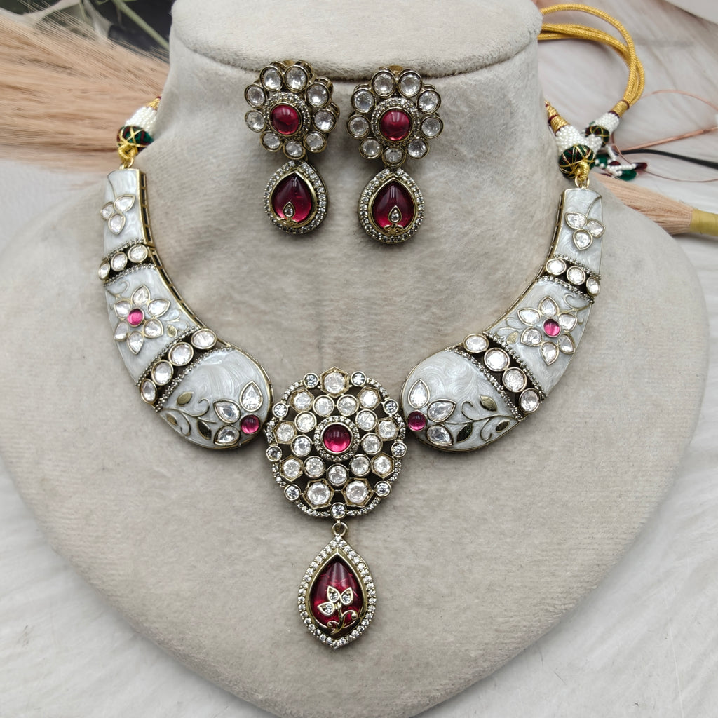 Noor-e-Gul Enamel work Moissanite Hasli Set- Ruby